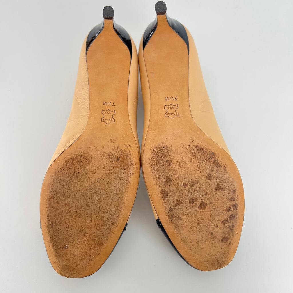 Tory Burch | Nude Leather Bow Black Round Toe Kitten Heel Ballet Pumps (7.5)