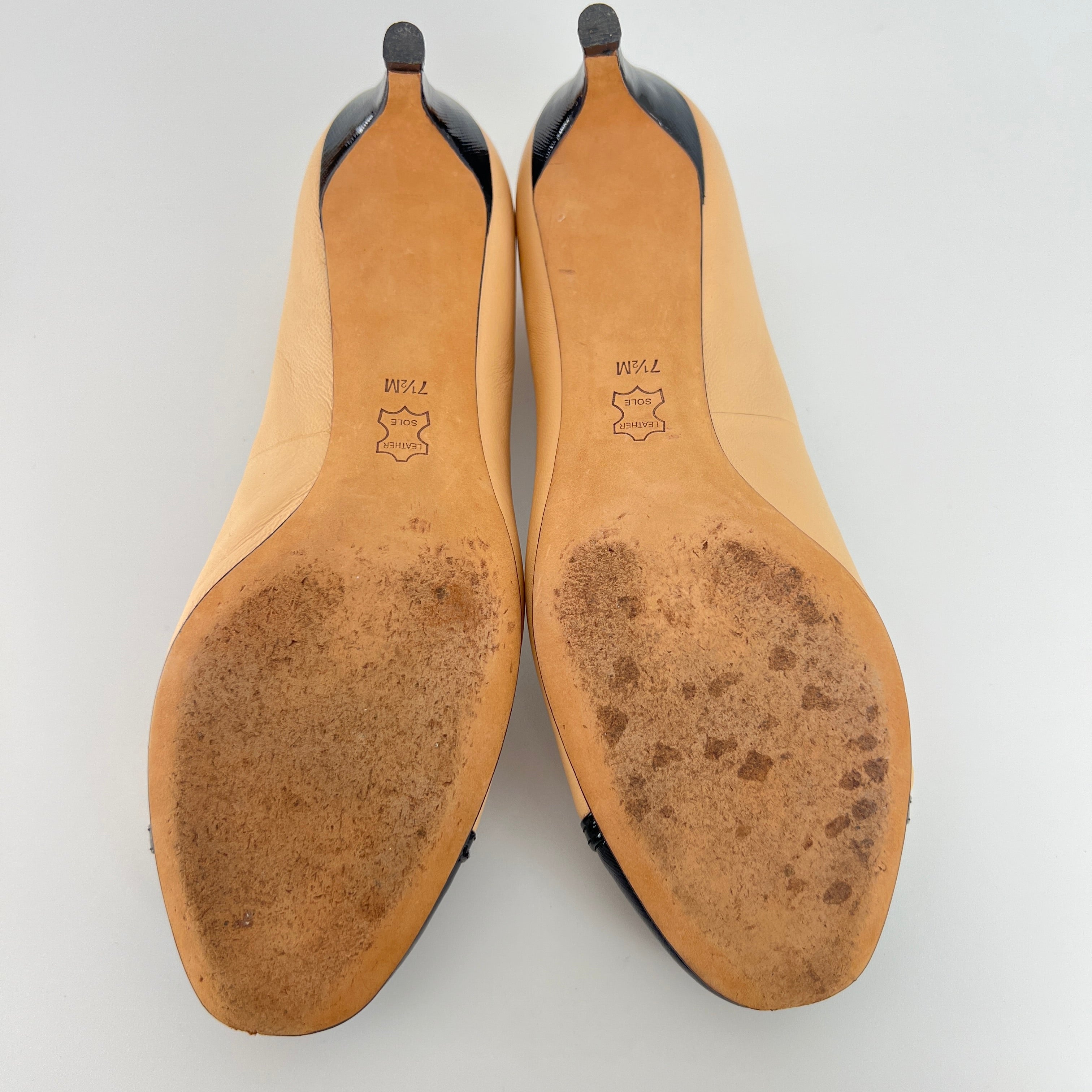 Tory Burch | Nude Leather Bow Black Round Toe Kitten Heel Ballet Pumps (7.5)