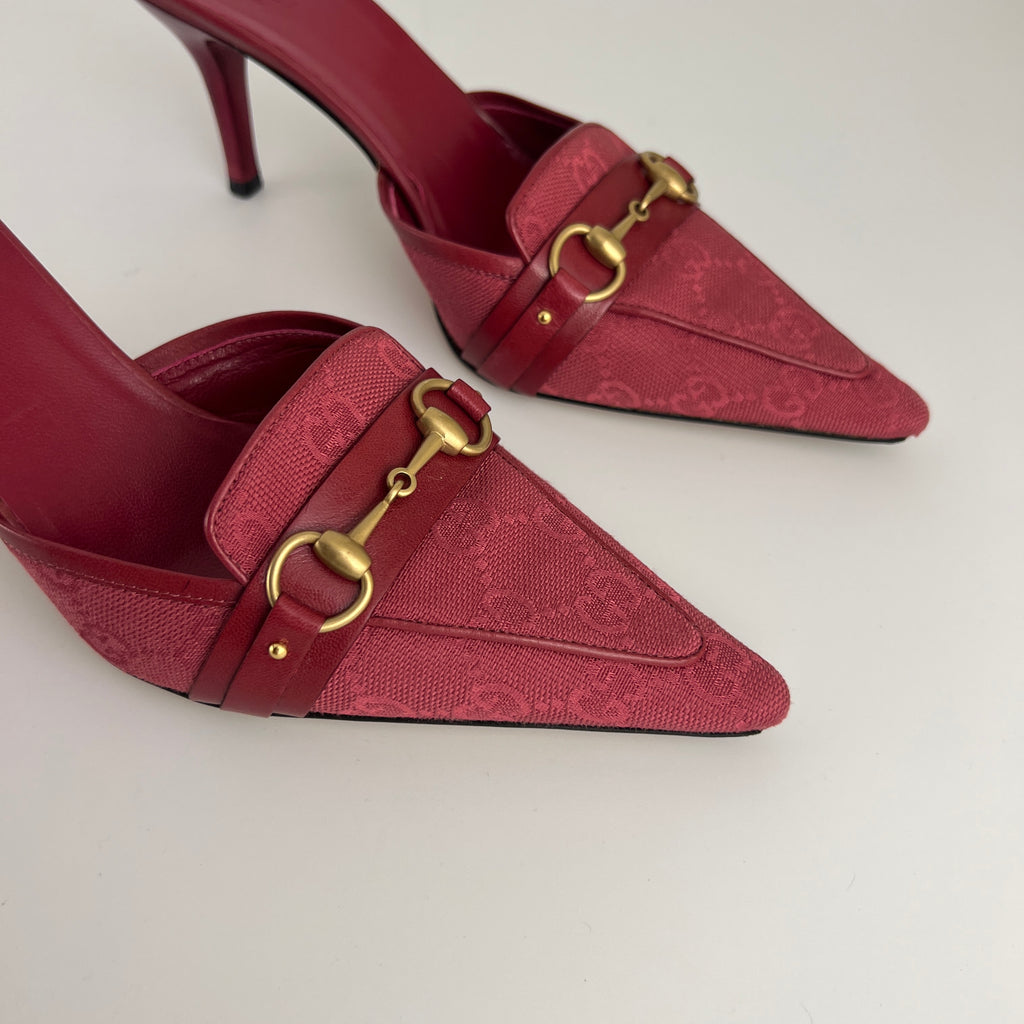 Gucci | Tom Ford Era Horse Bit Red GG Monogram Canvas Pointed Toe Mules (36)