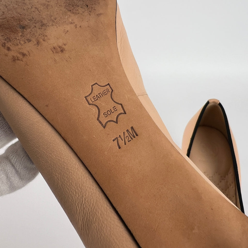 Tory Burch | Nude Leather Bow Black Round Toe Kitten Heel Ballet Pumps (7.5)