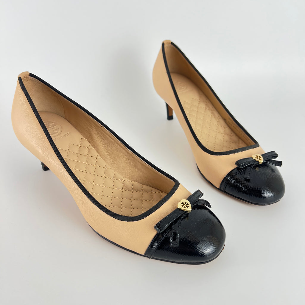 Tory Burch | Nude Leather Bow Black Round Toe Kitten Heel Ballet Pumps (7.5)