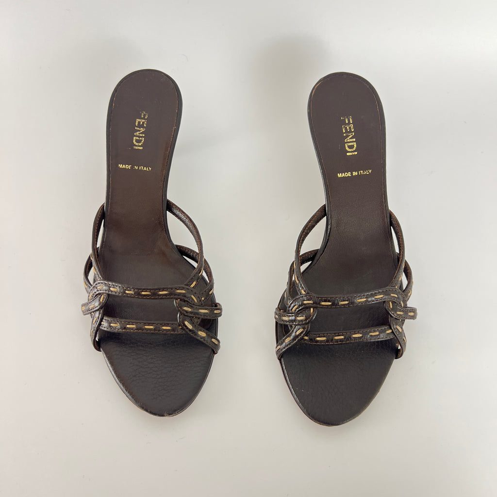 Fendi | Selleria Brown Leather Top Stitch Strappy Sandal Mules (36.5)