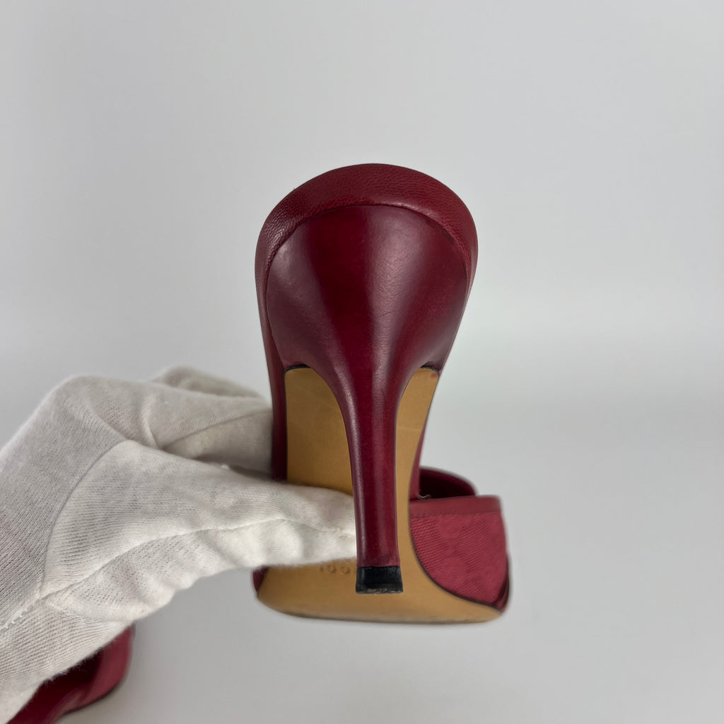 Gucci | Tom Ford Era Horse Bit Red GG Monogram Canvas Pointed Toe Mules (36)