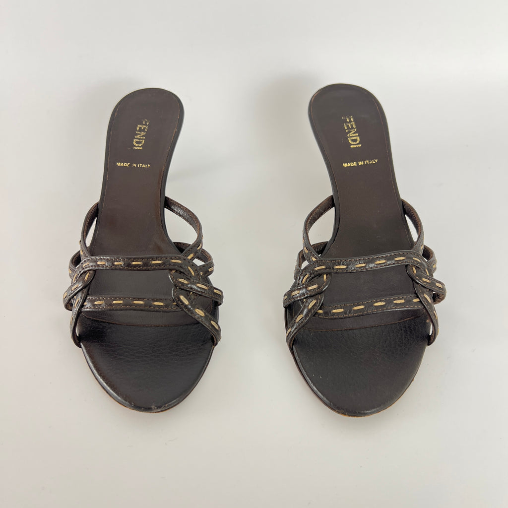 Fendi | Selleria Brown Leather Top Stitch Strappy Sandal Mules (36.5)