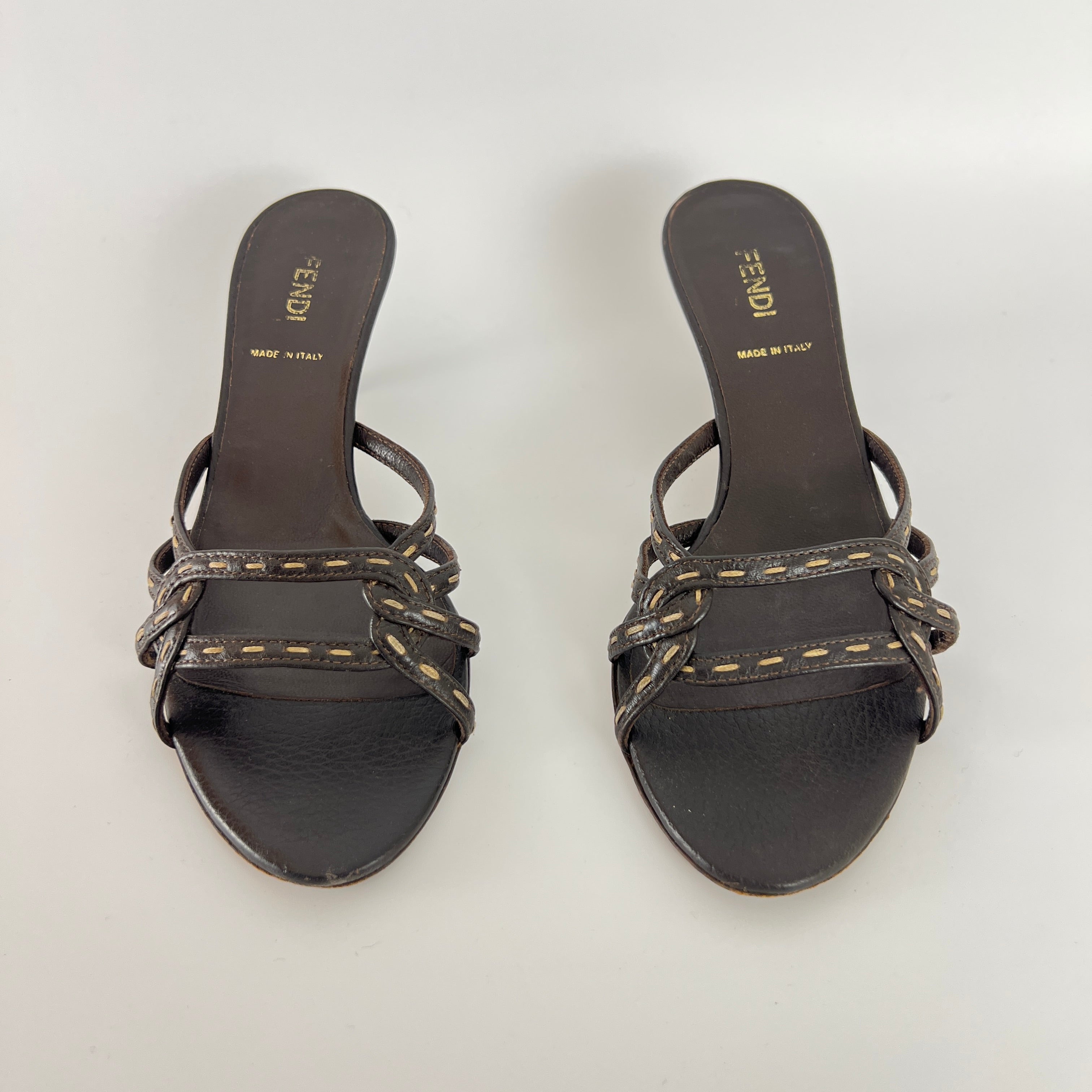 Fendi | Selleria Brown Leather Top Stitch Strappy Sandal Mules (36.5)