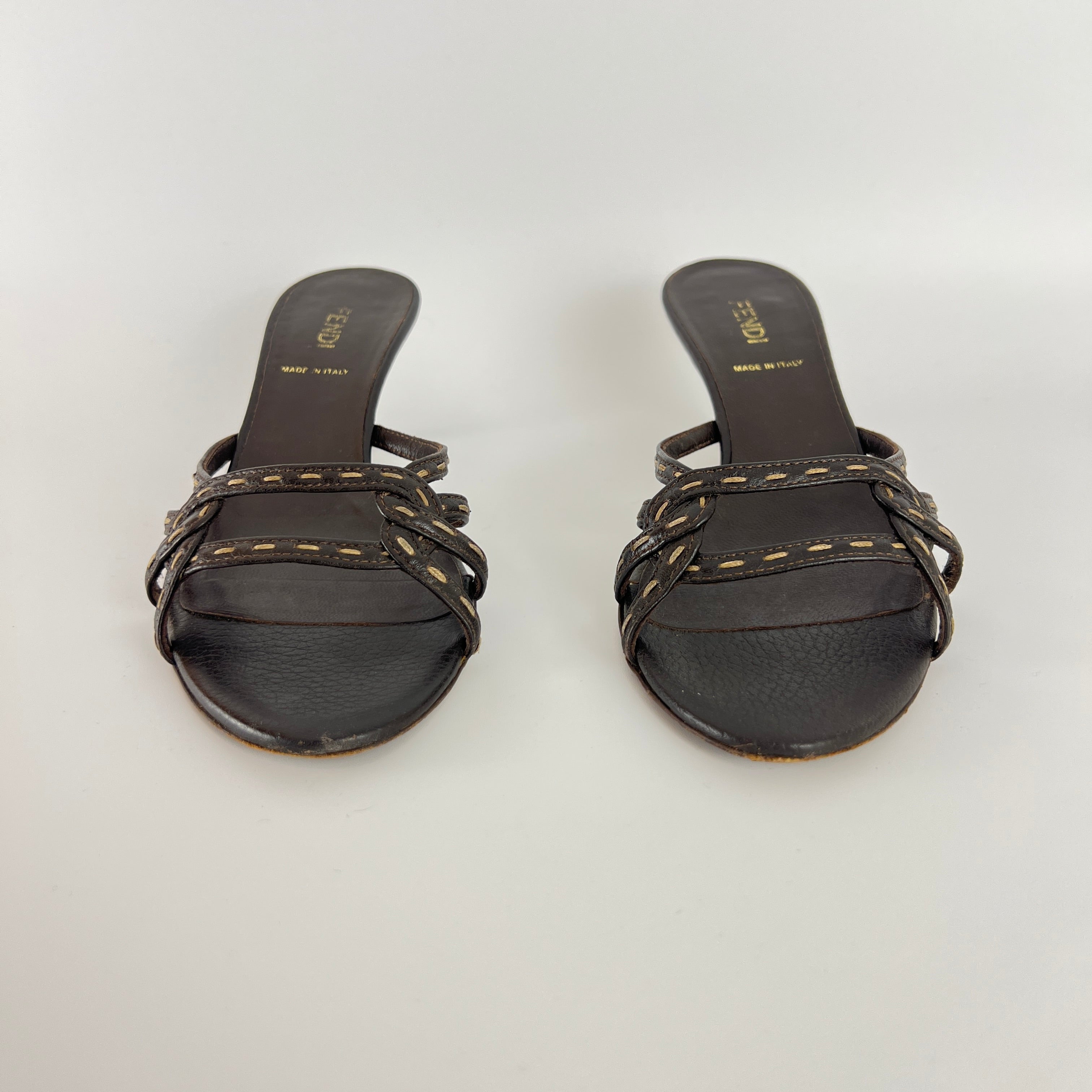 Fendi | Selleria Brown Leather Top Stitch Strappy Sandal Mules (36.5)