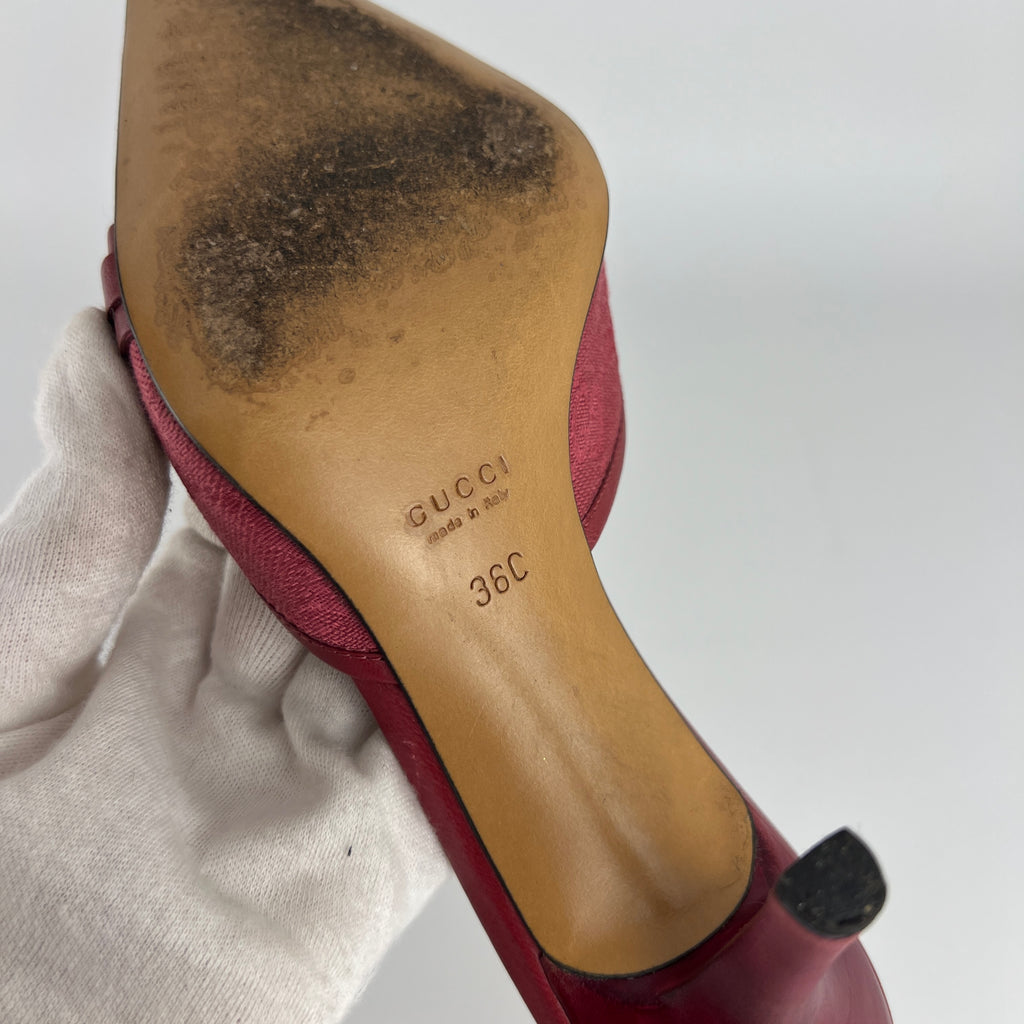 Gucci | Tom Ford Era Horse Bit Red GG Monogram Canvas Pointed Toe Mules (36)