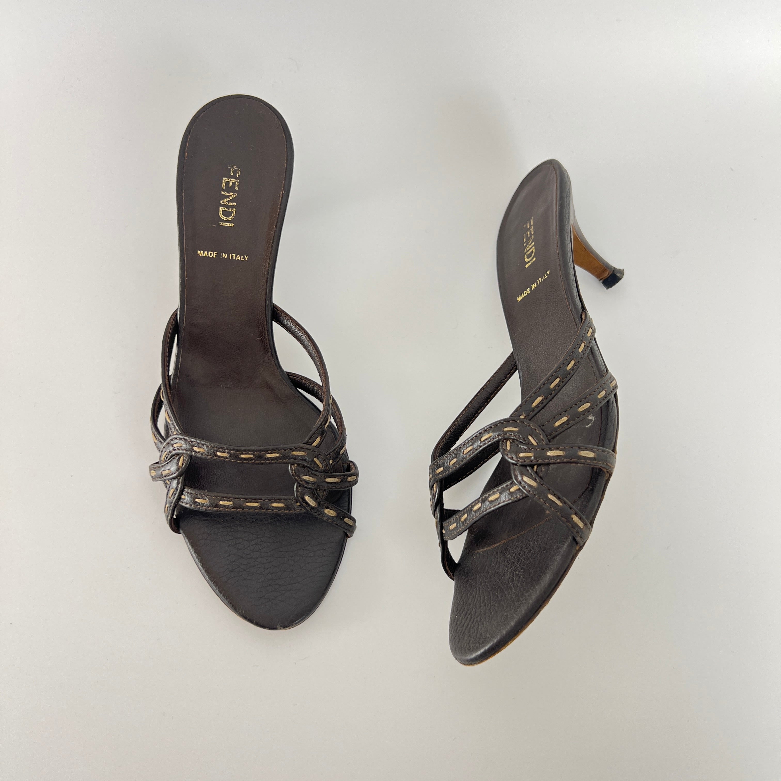 Fendi | Selleria Brown Leather Top Stitch Strappy Sandal Mules (36.5)