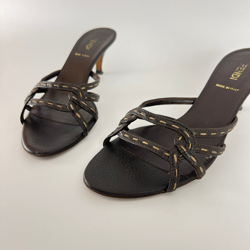 Fendi | Selleria Brown Leather Top Stitch Strappy Sandal Mules (36.5)