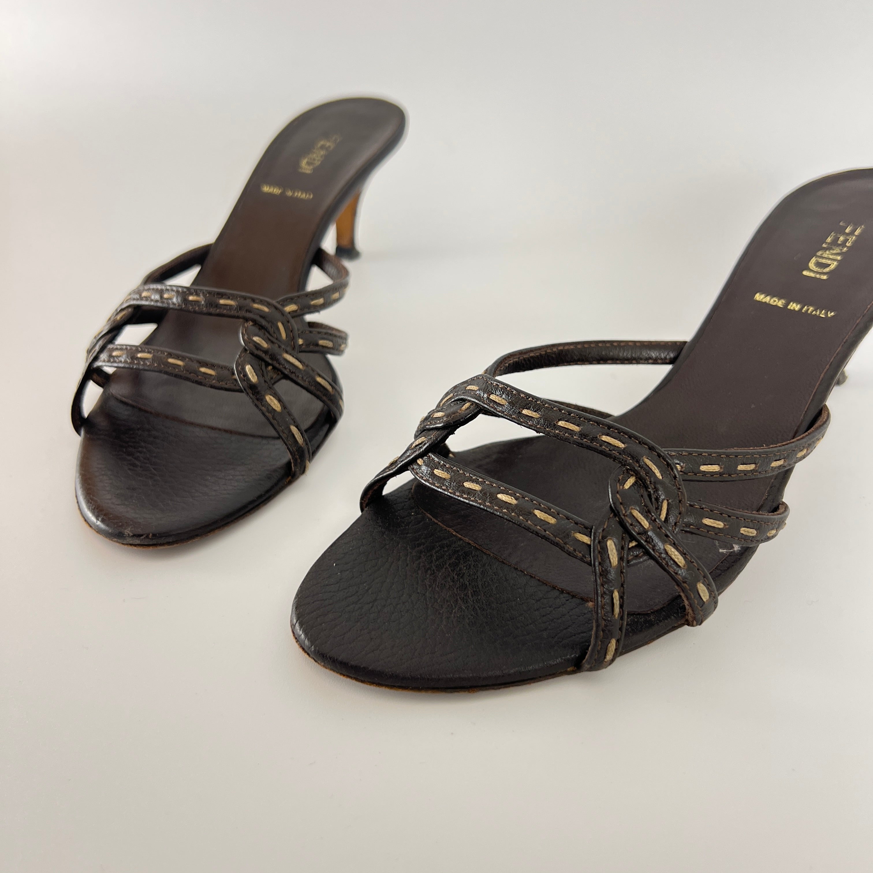 Fendi | Selleria Brown Leather Top Stitch Strappy Sandal Mules (36.5)