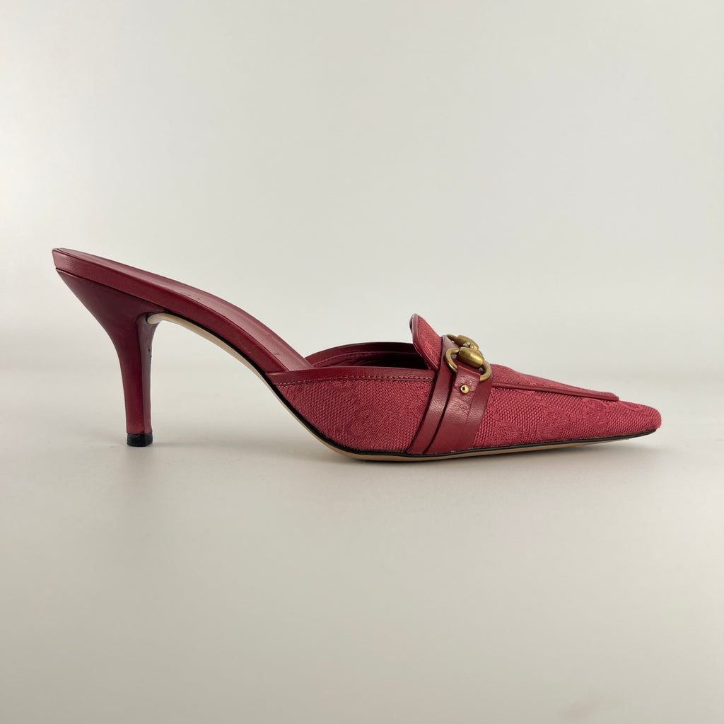Gucci | Tom Ford Era Horse Bit Red GG Monogram Canvas Pointed Toe Mules (36)