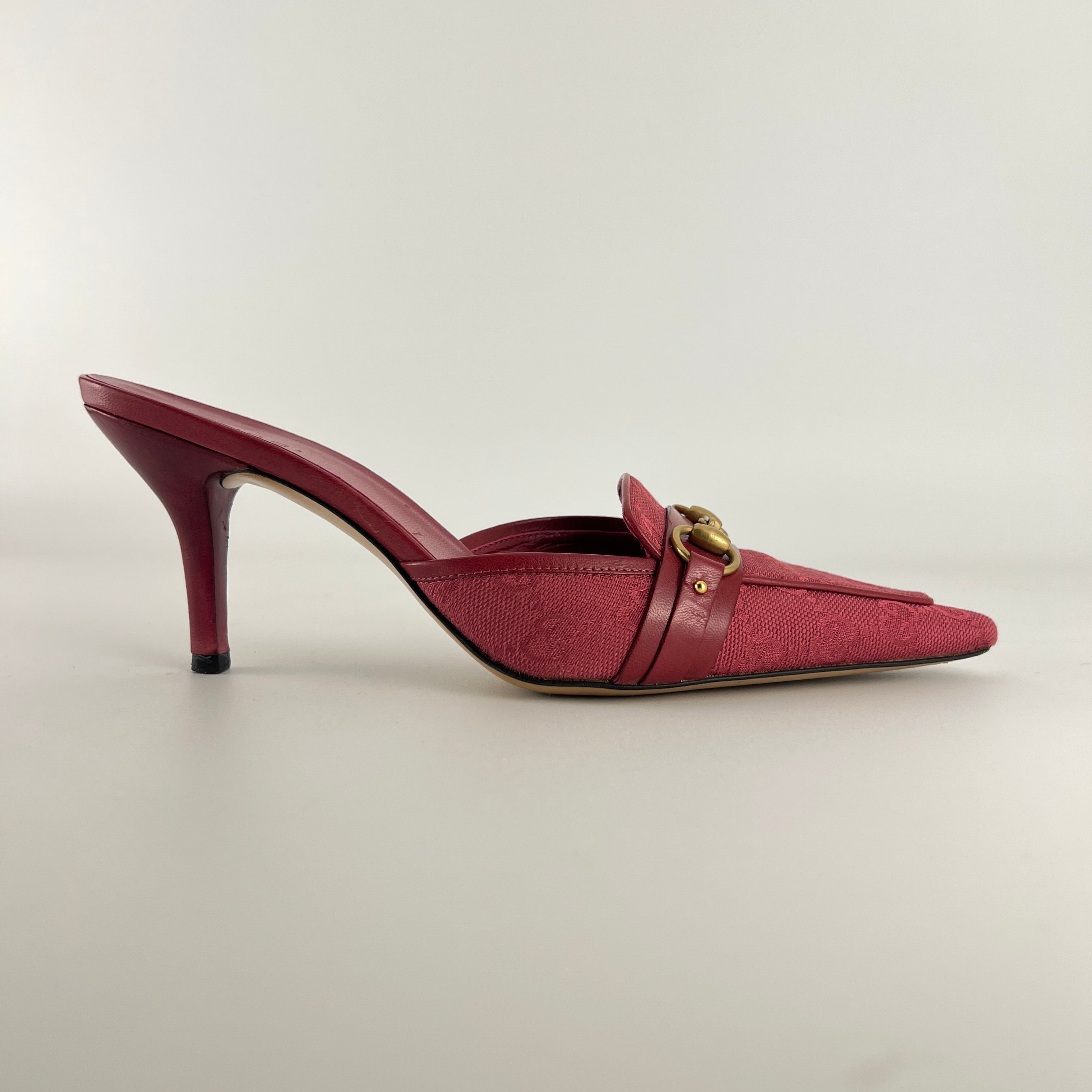 Gucci | Tom Ford Era Horse Bit Red GG Monogram Canvas Pointed Toe Mules (36)