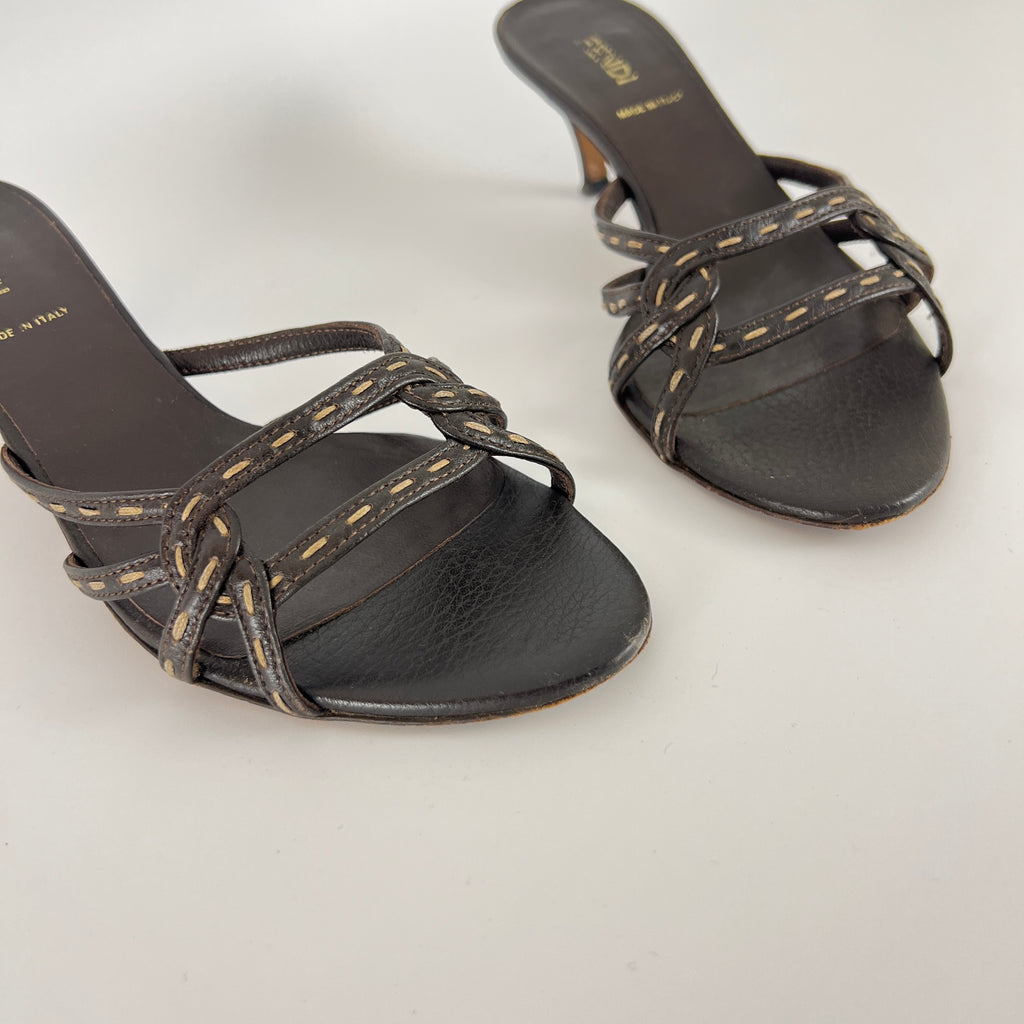 Fendi | Selleria Brown Leather Top Stitch Strappy Sandal Mules (36.5)
