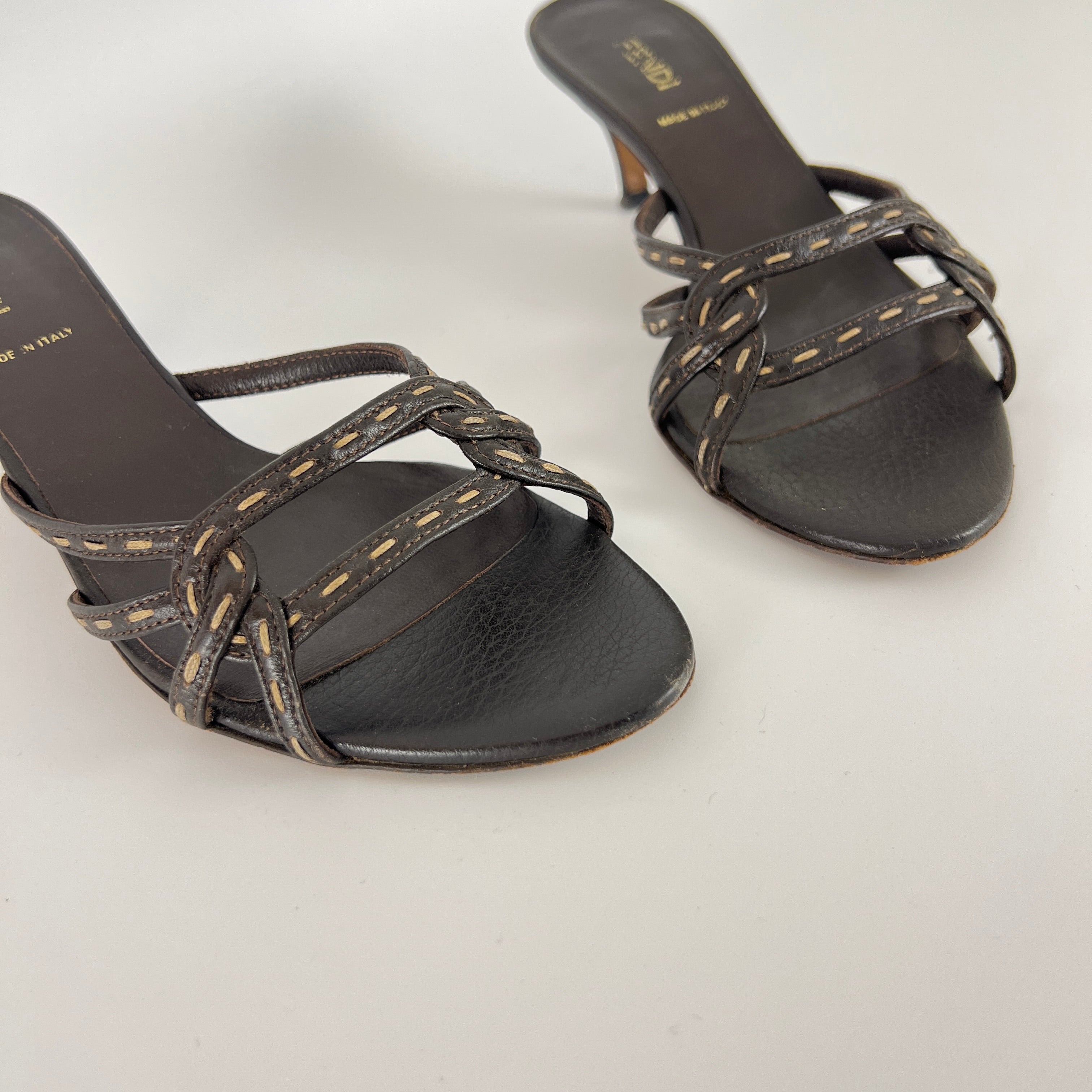 Fendi | Selleria Brown Leather Top Stitch Strappy Sandal Mules (36.5)