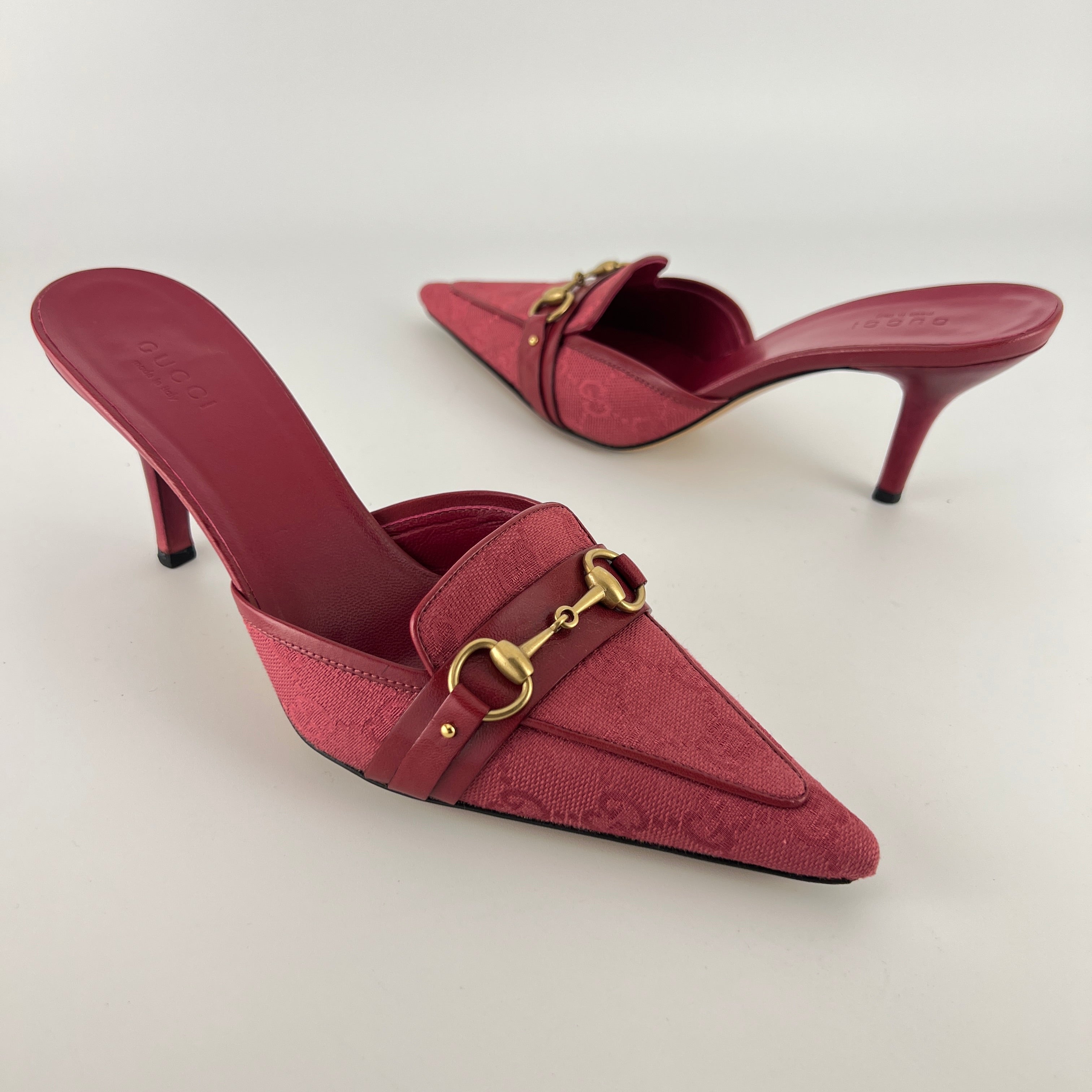 Gucci | Tom Ford Era Horse Bit Red GG Monogram Canvas Pointed Toe Mules (36)