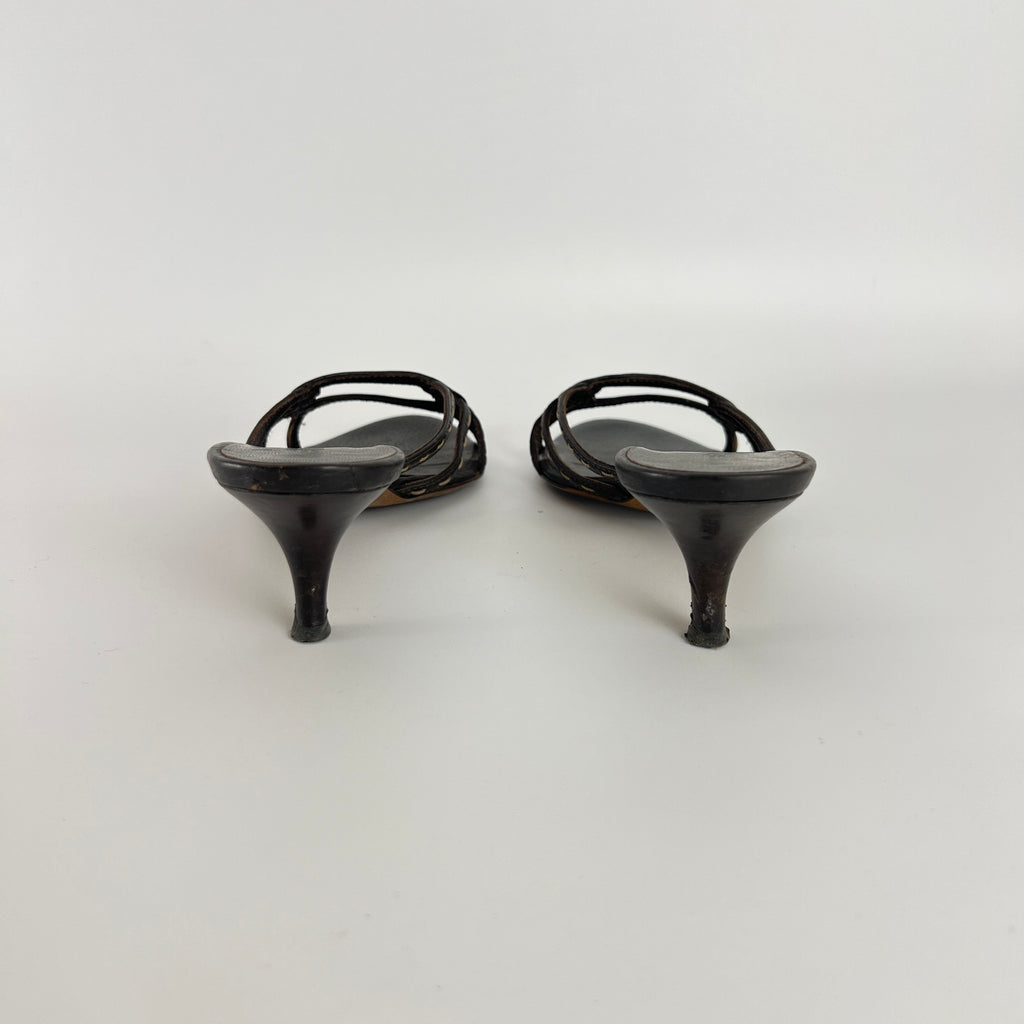 Fendi | Selleria Brown Leather Top Stitch Strappy Sandal Mules (36.5)