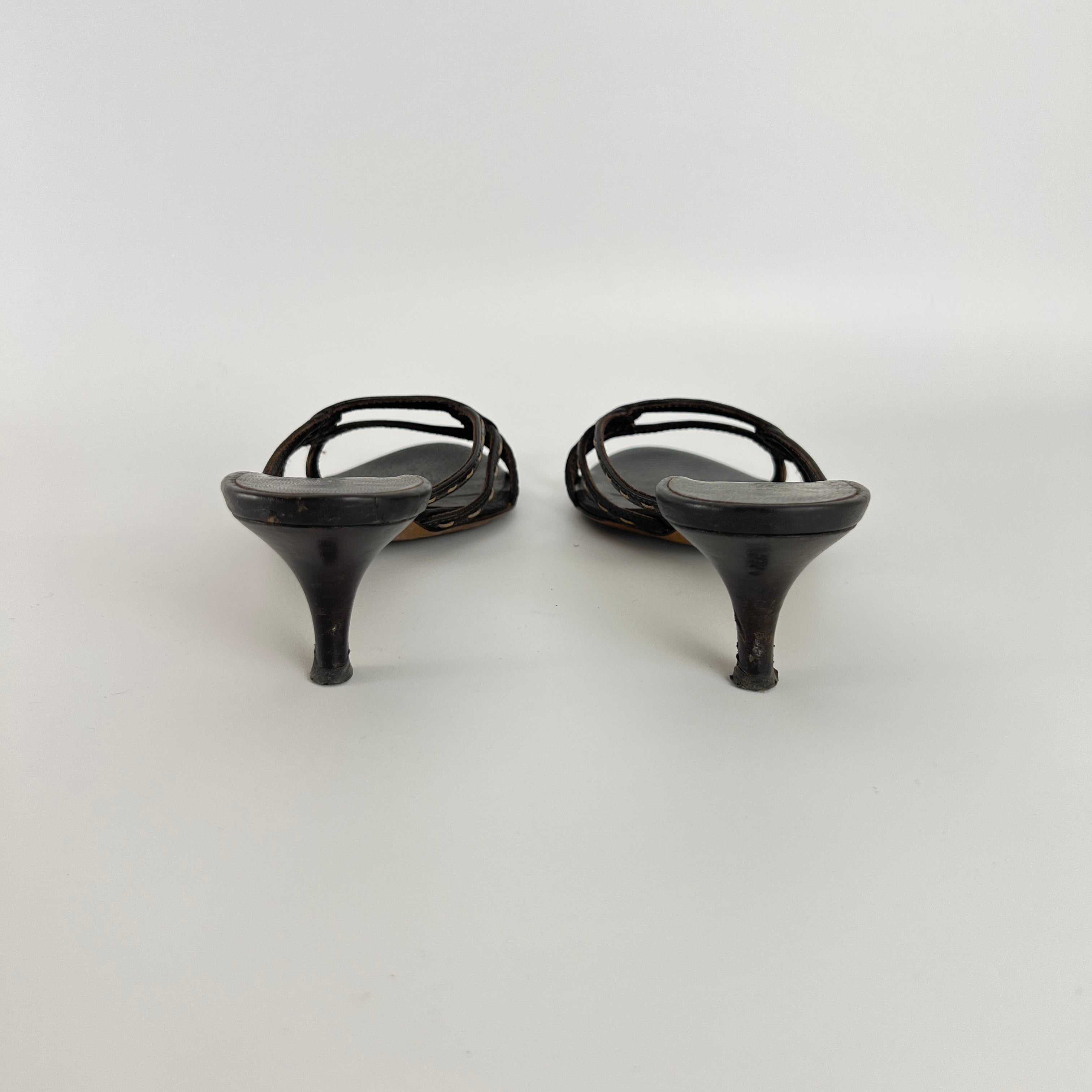 Fendi | Selleria Brown Leather Top Stitch Strappy Sandal Mules (36.5)