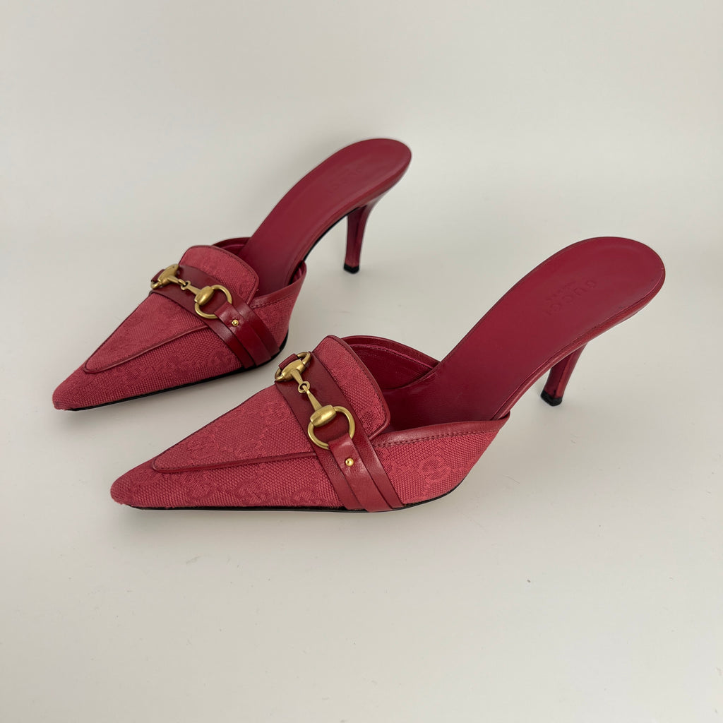 Gucci | Tom Ford Era Horse Bit Red GG Monogram Canvas Pointed Toe Mules (36)