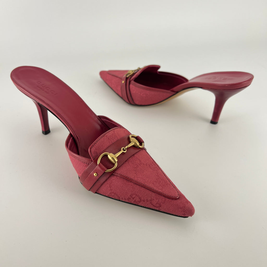 Gucci | Tom Ford Era Horse Bit Red GG Monogram Canvas Pointed Toe Mules (36)