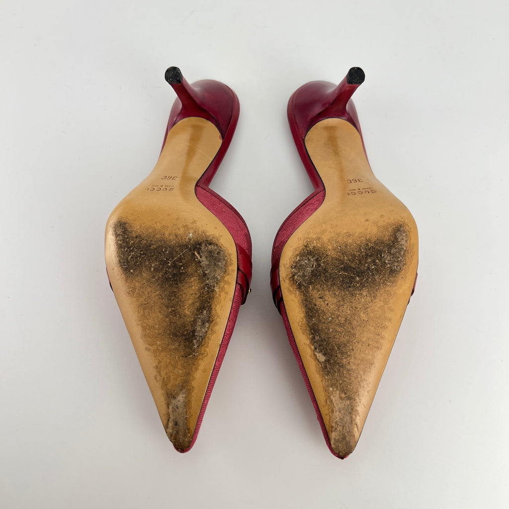 Gucci | Tom Ford Era Horse Bit Red GG Monogram Canvas Pointed Toe Mules (36)