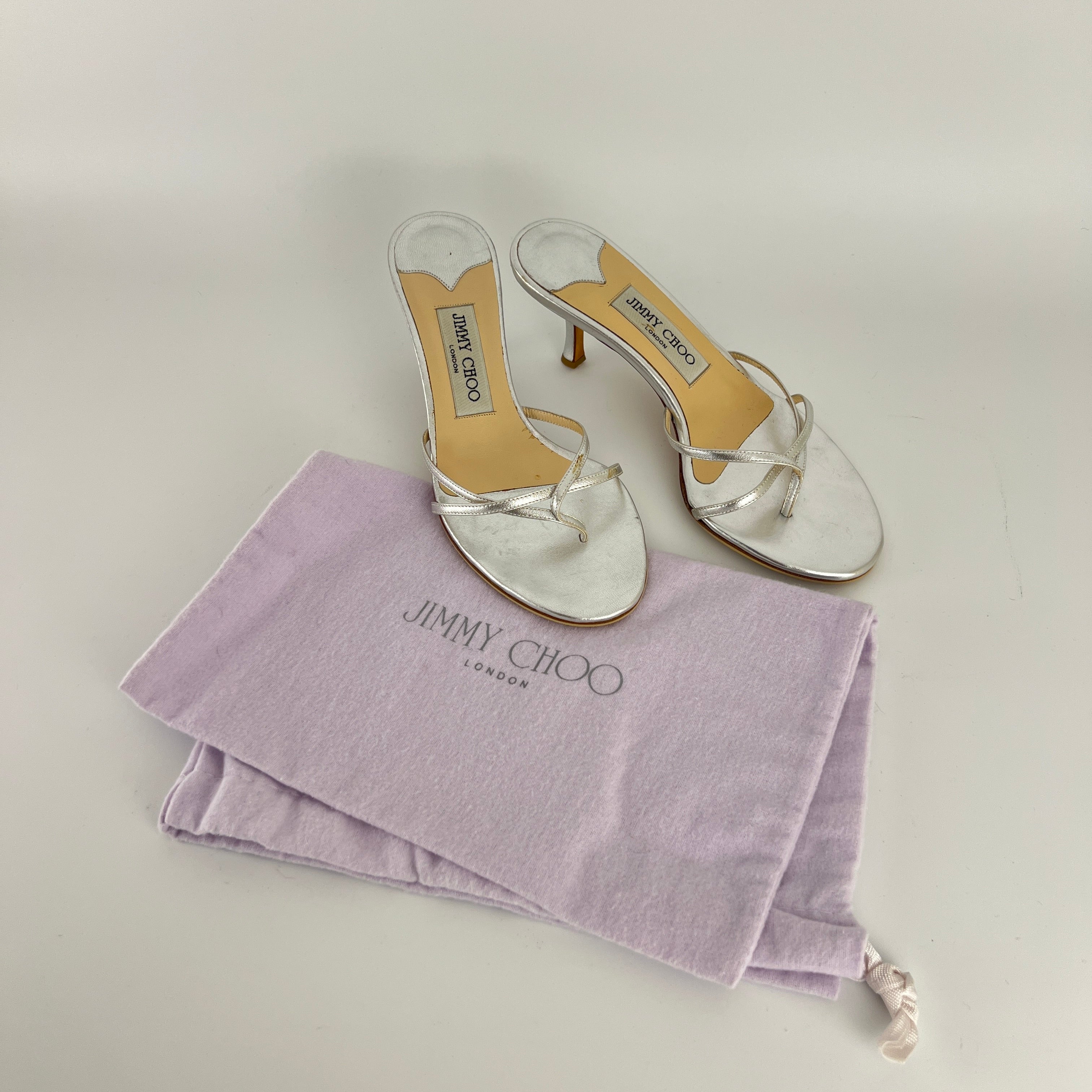 Jimmy Choo | Vintage Nimbus Metallic Silver Thong Strappy Sandal Slide Mules (36)