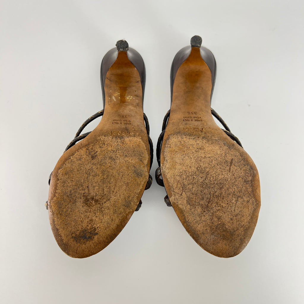 Fendi | Selleria Brown Leather Top Stitch Strappy Sandal Mules (36.5)
