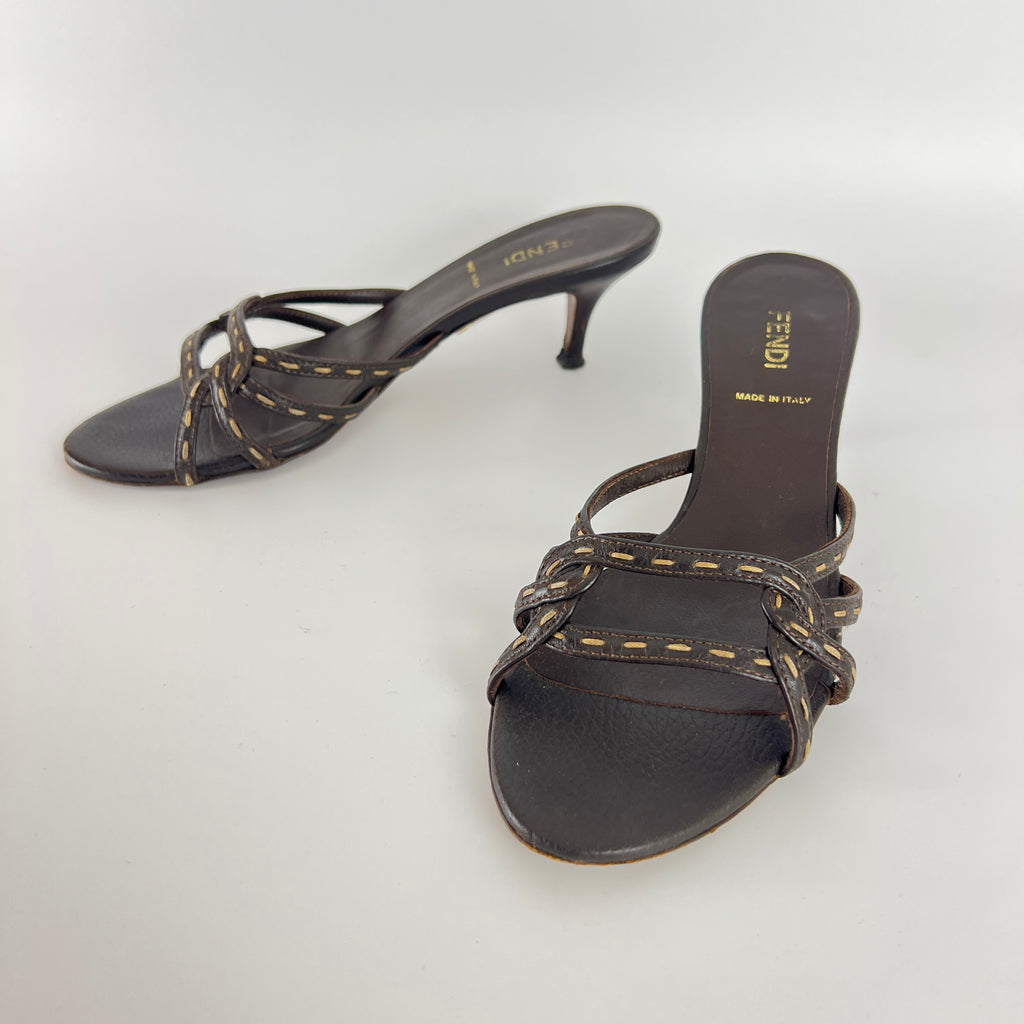 Fendi | Selleria Brown Leather Top Stitch Strappy Sandal Mules (36.5)
