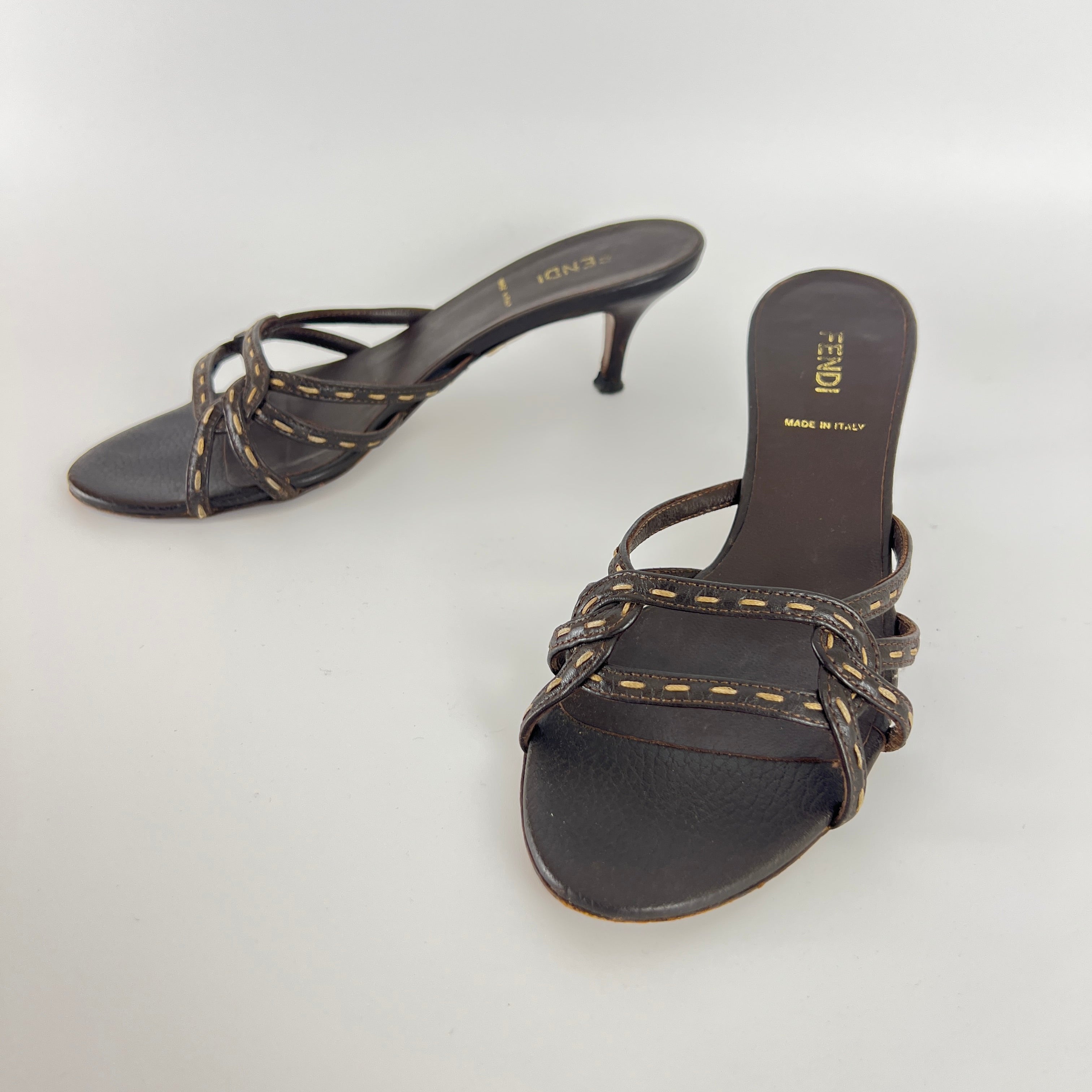 Fendi | Selleria Brown Leather Top Stitch Strappy Sandal Mules (36.5)