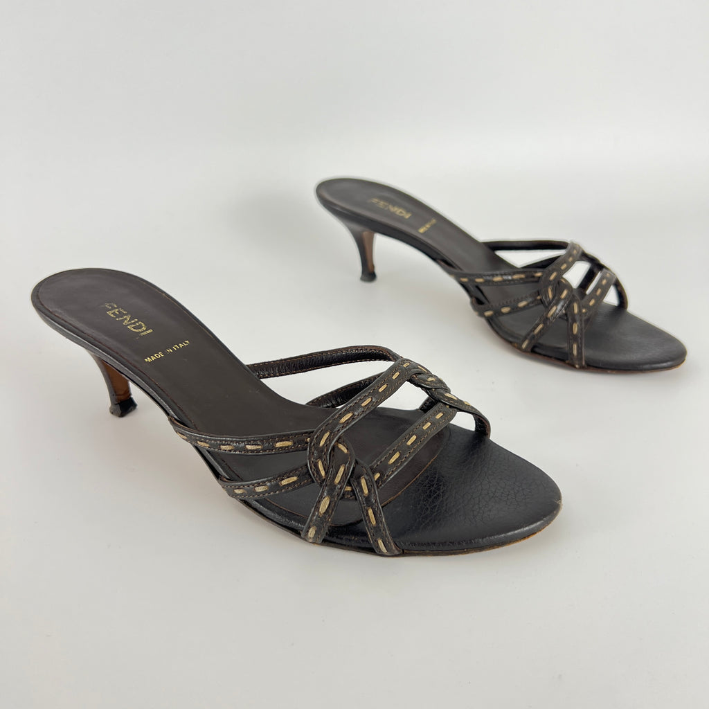 Fendi | Selleria Brown Leather Top Stitch Strappy Sandal Mules (36.5)