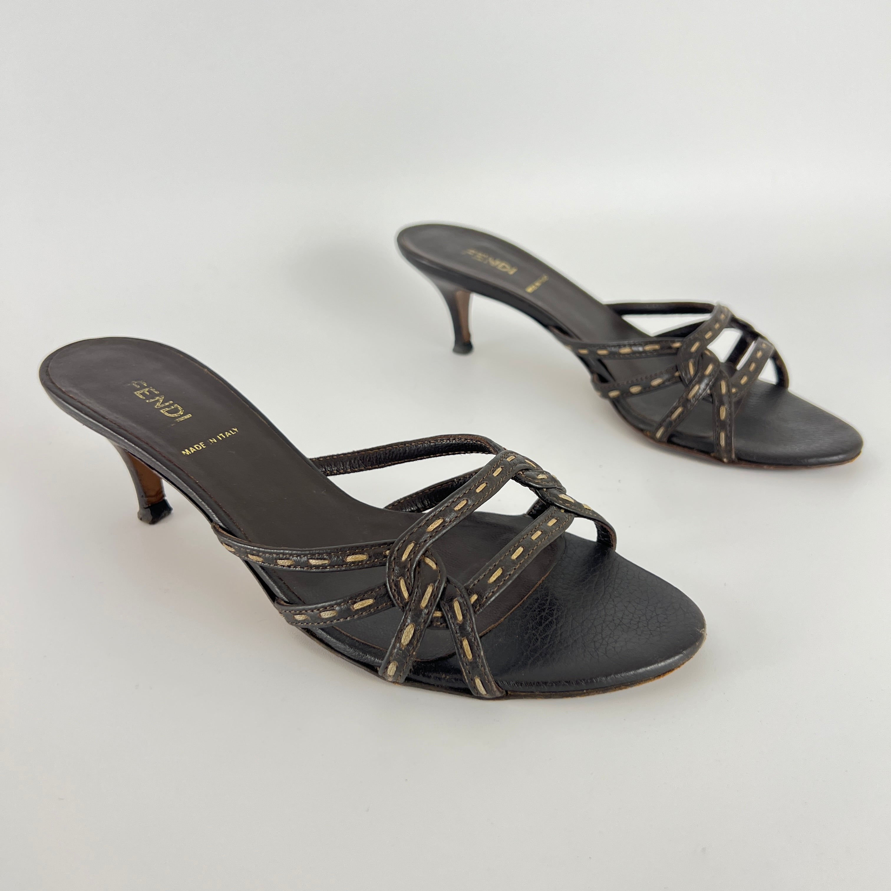 Fendi | Selleria Brown Leather Top Stitch Strappy Sandal Mules (36.5)