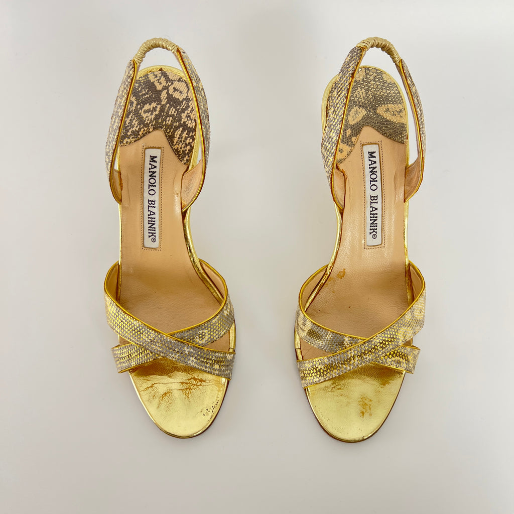 Manolo Blahnik | Lizard Leather Metallic Gold Slingback Sandal Heels (35.5)