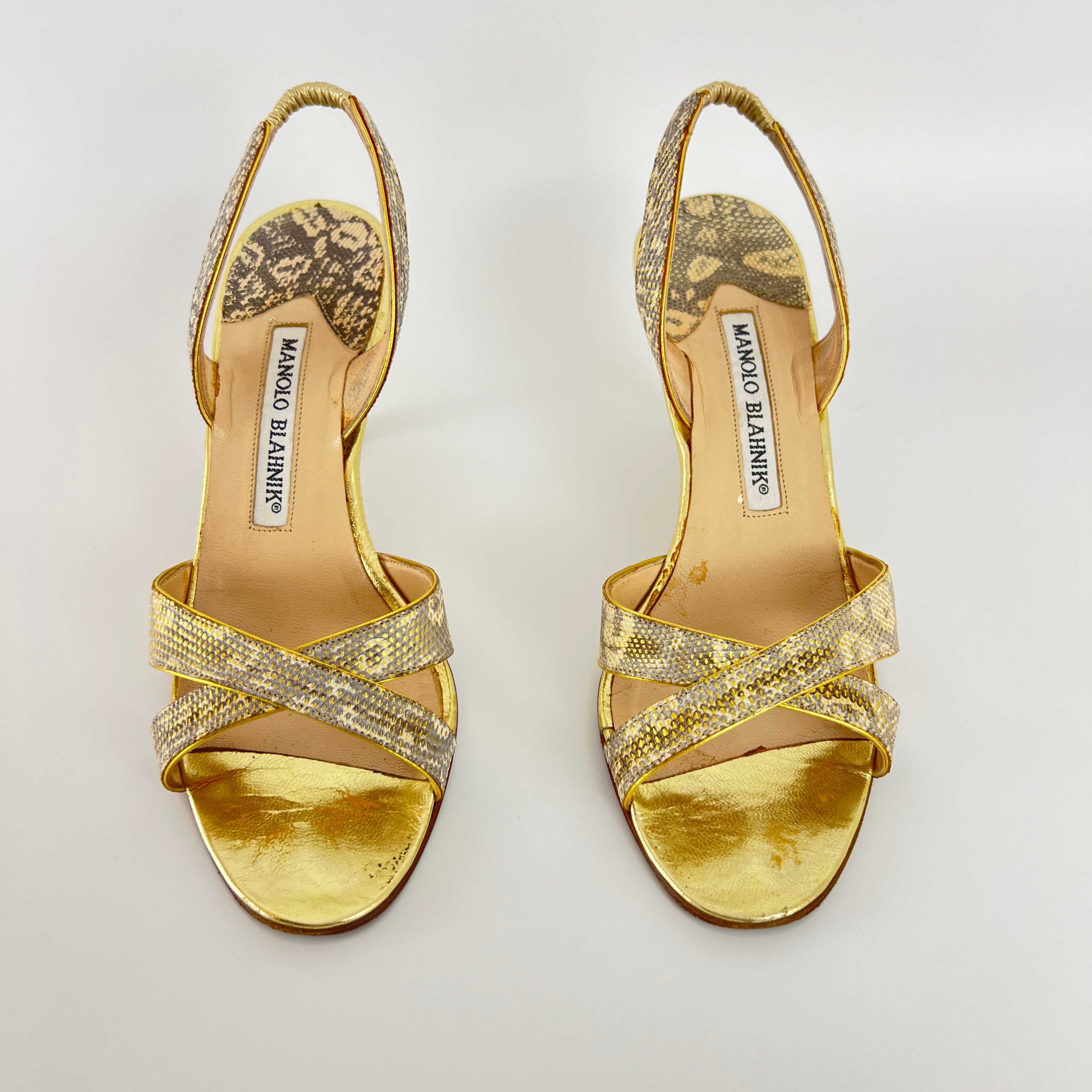 Manolo Blahnik | Lizard Leather Metallic Gold Slingback Sandal Heels (35.5)