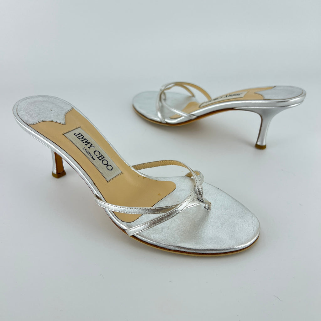 Jimmy Choo | Vintage Nimbus Metallic Silver Thong Strappy Sandal Slide Mules (36)