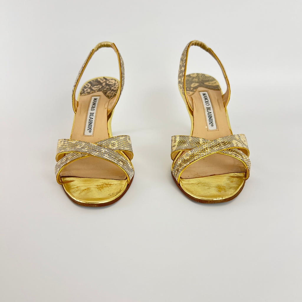 Manolo Blahnik | Lizard Leather Metallic Gold Slingback Sandal Heels (35.5)