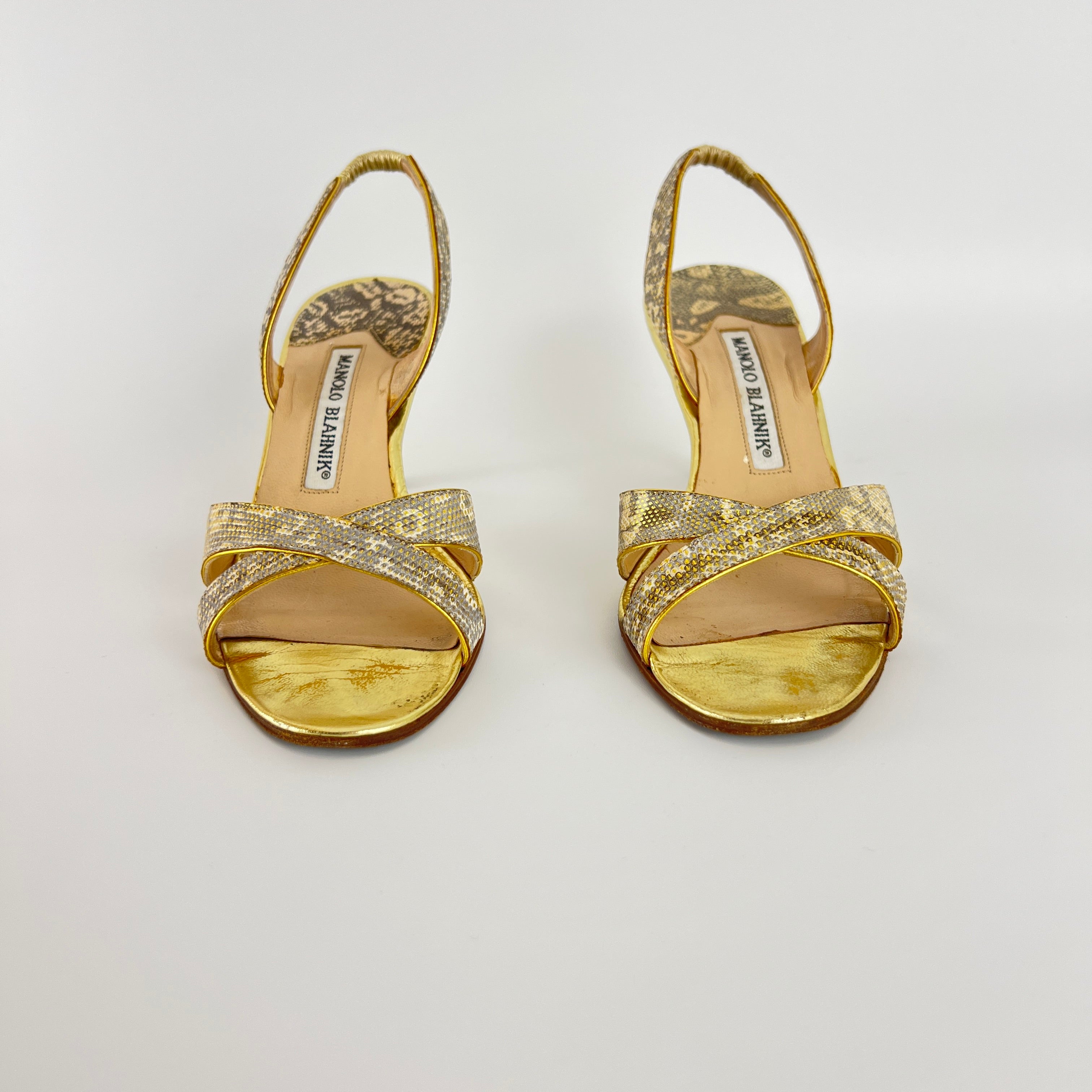 Manolo Blahnik | Lizard Leather Metallic Gold Slingback Sandal Heels (35.5)