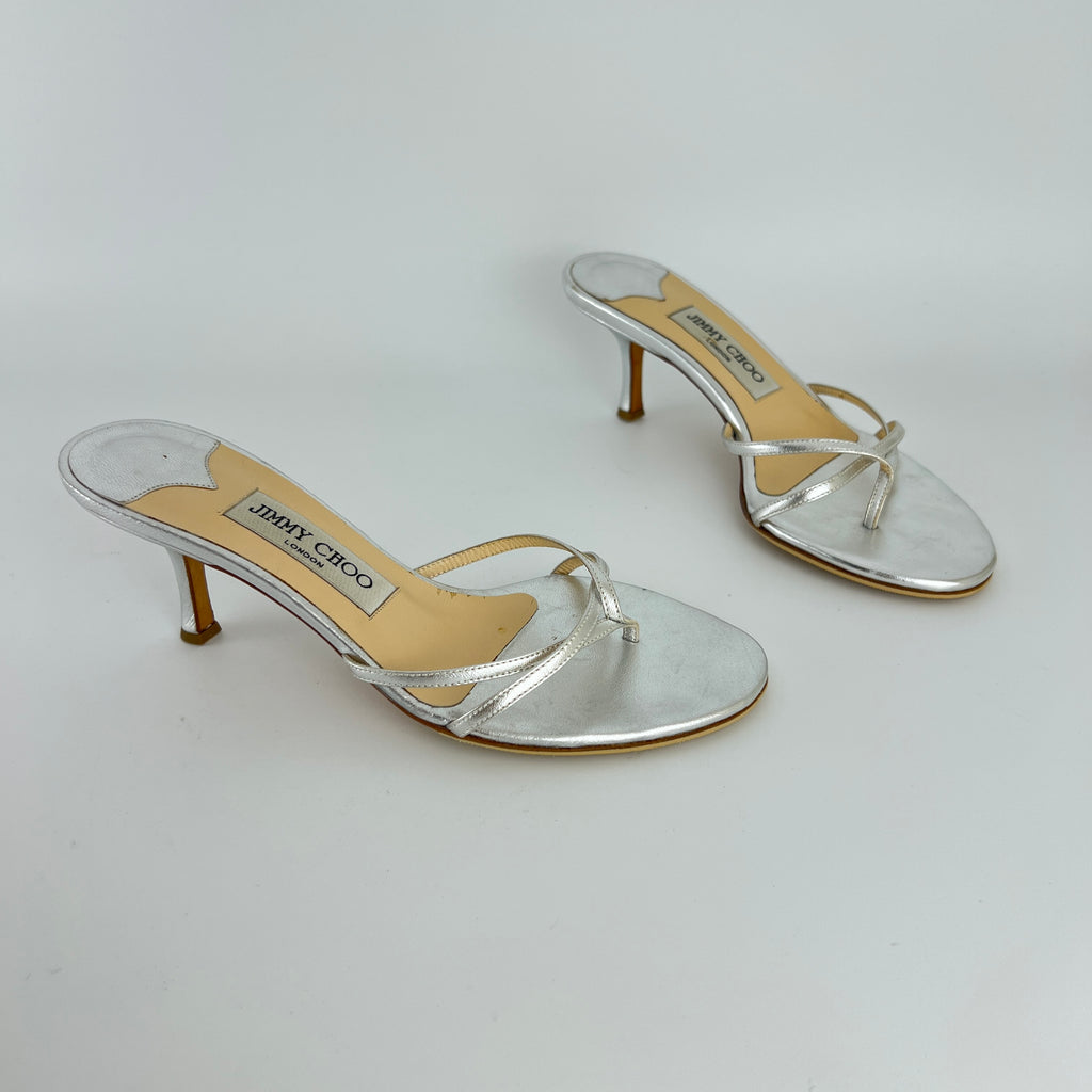 Jimmy Choo | Vintage Nimbus Metallic Silver Thong Strappy Sandal Slide Mules (36)