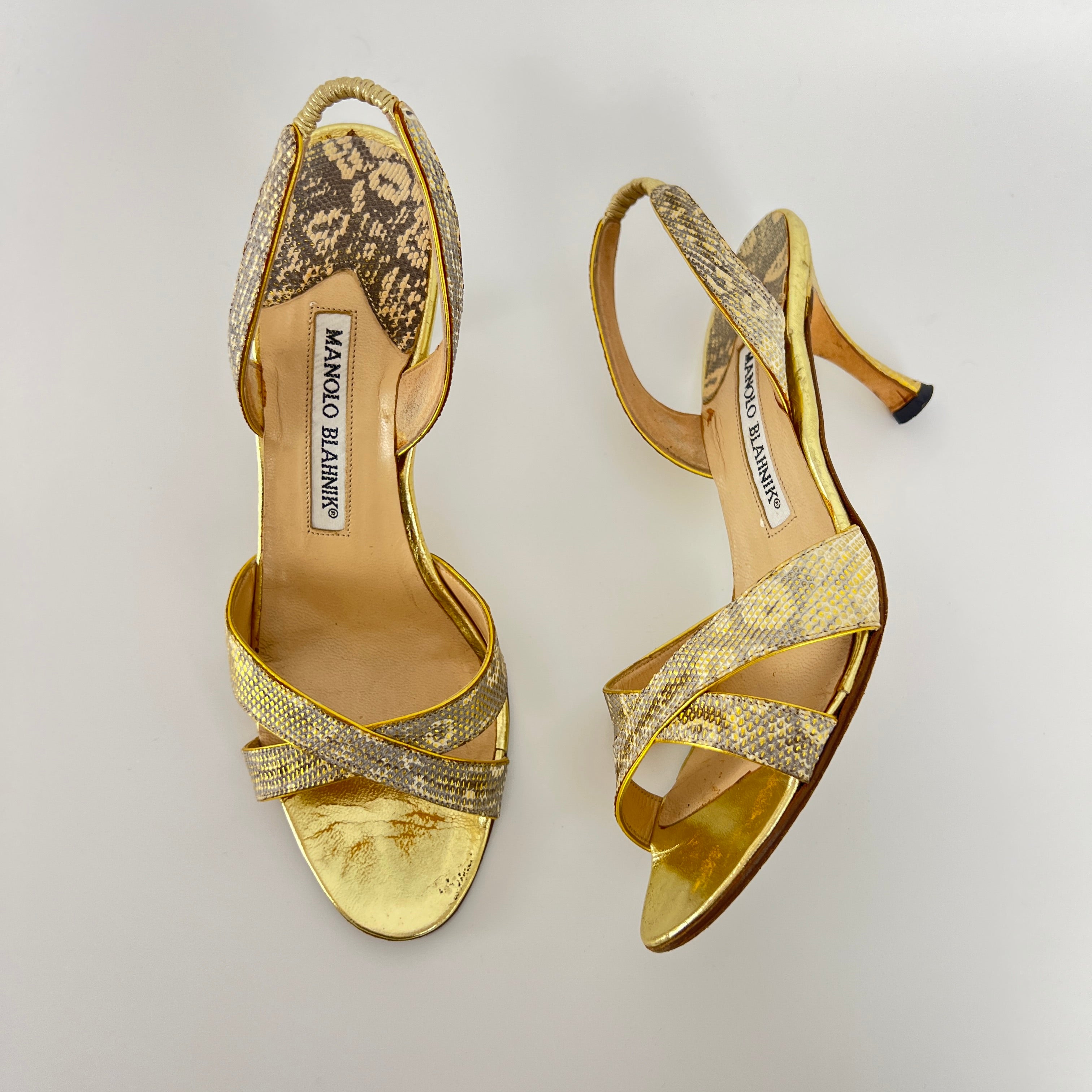 Manolo Blahnik | Lizard Leather Metallic Gold Slingback Sandal Heels (35.5)