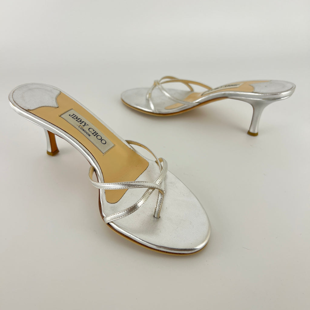 Jimmy Choo | Vintage Nimbus Metallic Silver Thong Strappy Sandal Slide Mules (36)