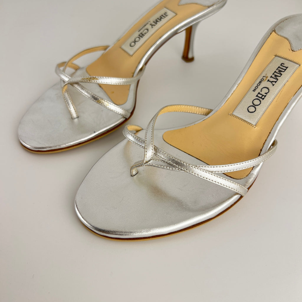 Jimmy Choo | Vintage Nimbus Metallic Silver Thong Strappy Sandal Slide Mules (36)