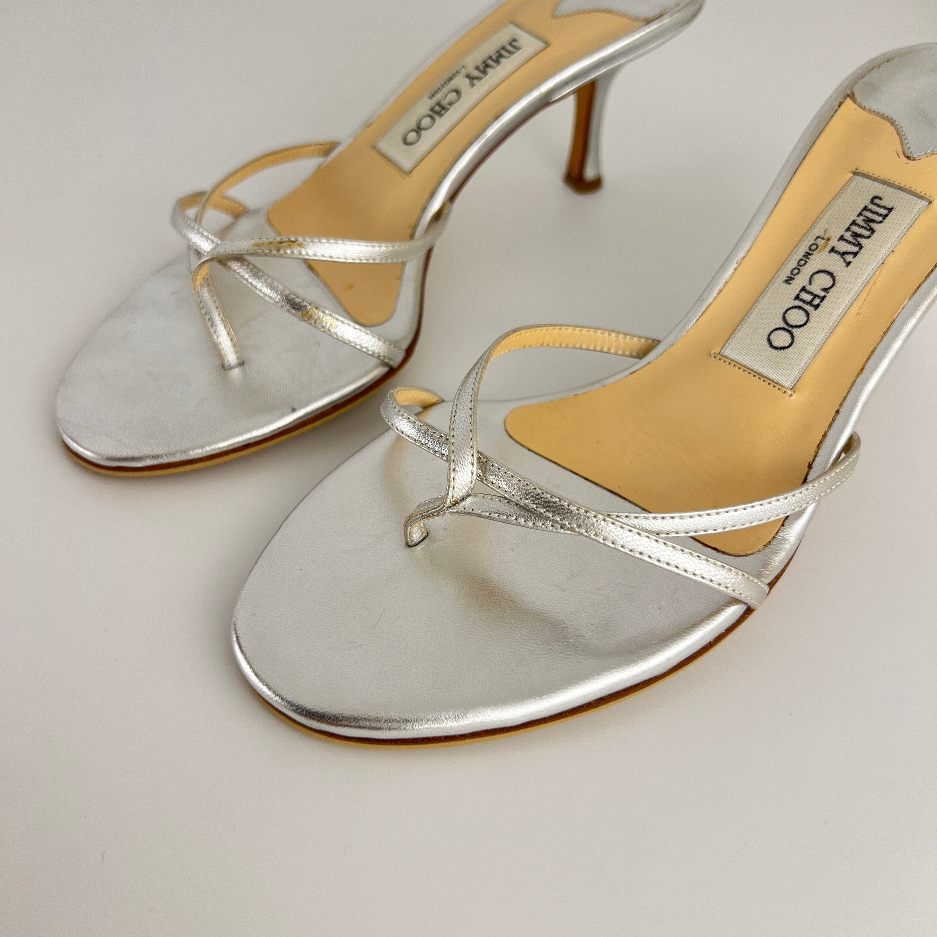 Jimmy Choo | Vintage Nimbus Metallic Silver Thong Strappy Sandal Slide Mules (36)