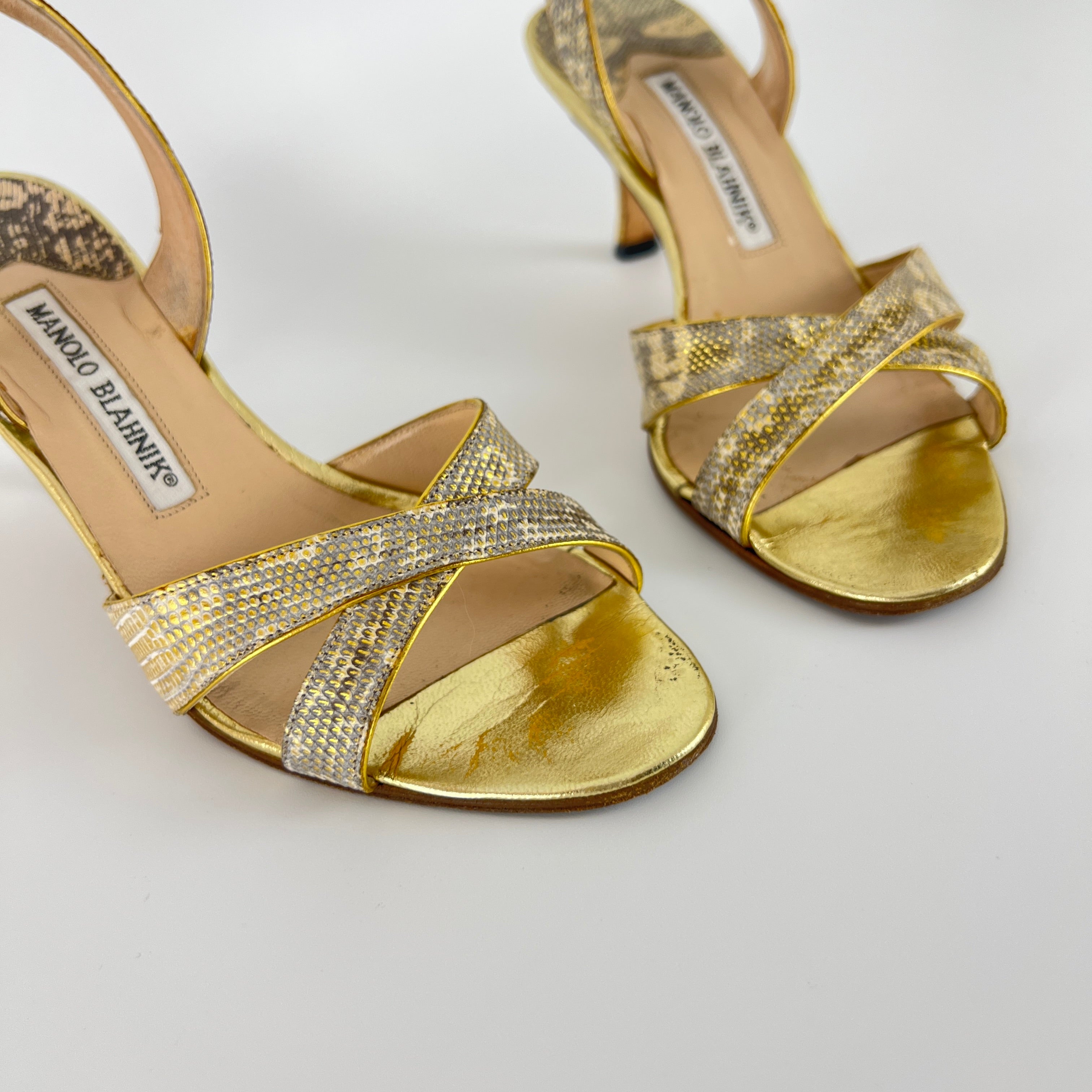 Manolo Blahnik | Lizard Leather Metallic Gold Slingback Sandal Heels (35.5)