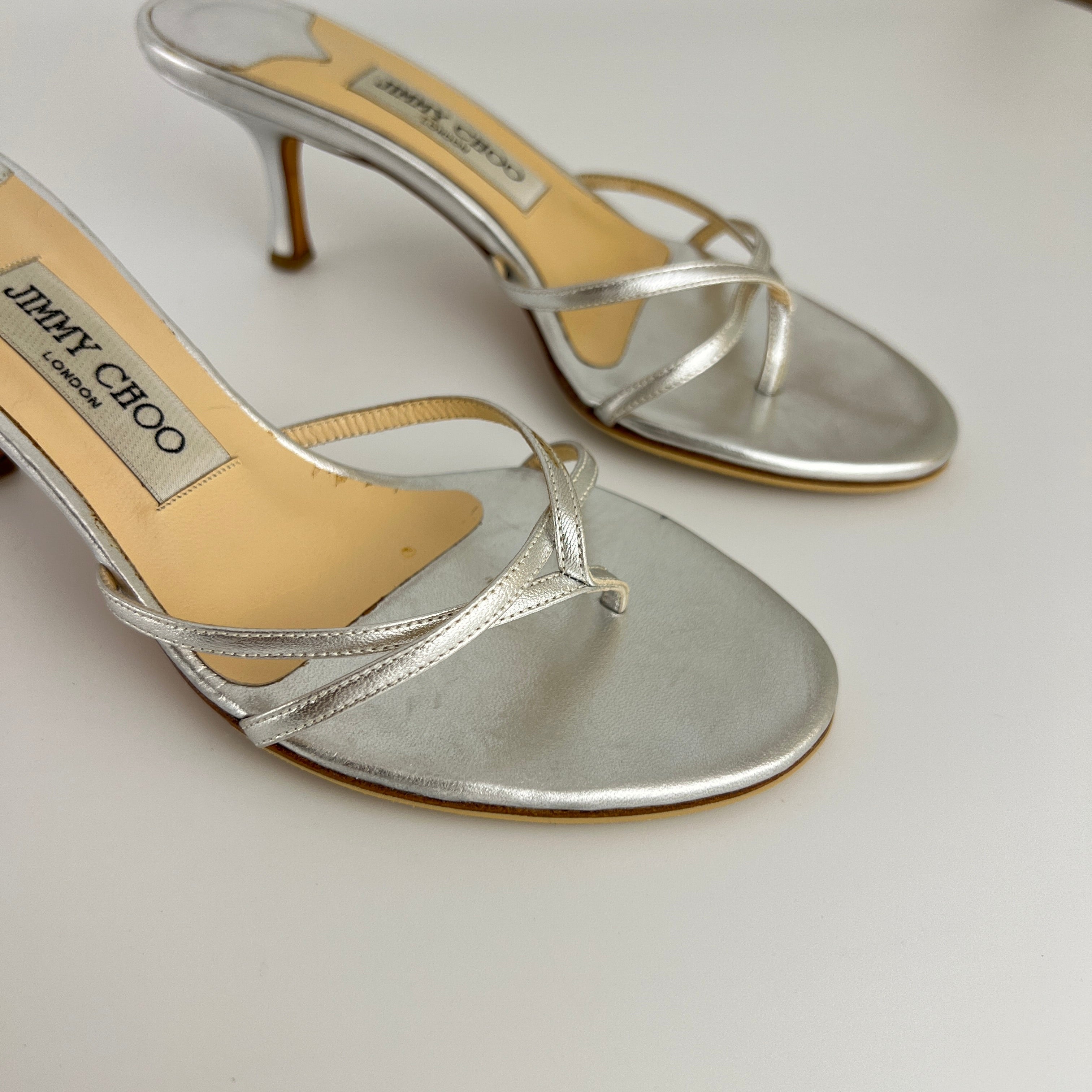 Jimmy Choo | Vintage Nimbus Metallic Silver Thong Strappy Sandal Slide Mules (36)