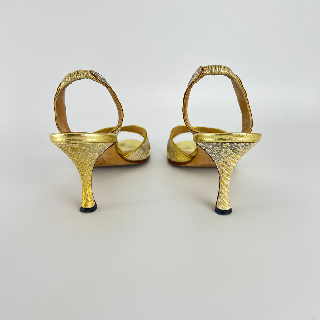 Manolo Blahnik | Lizard Leather Metallic Gold Slingback Sandal Heels (35.5)
