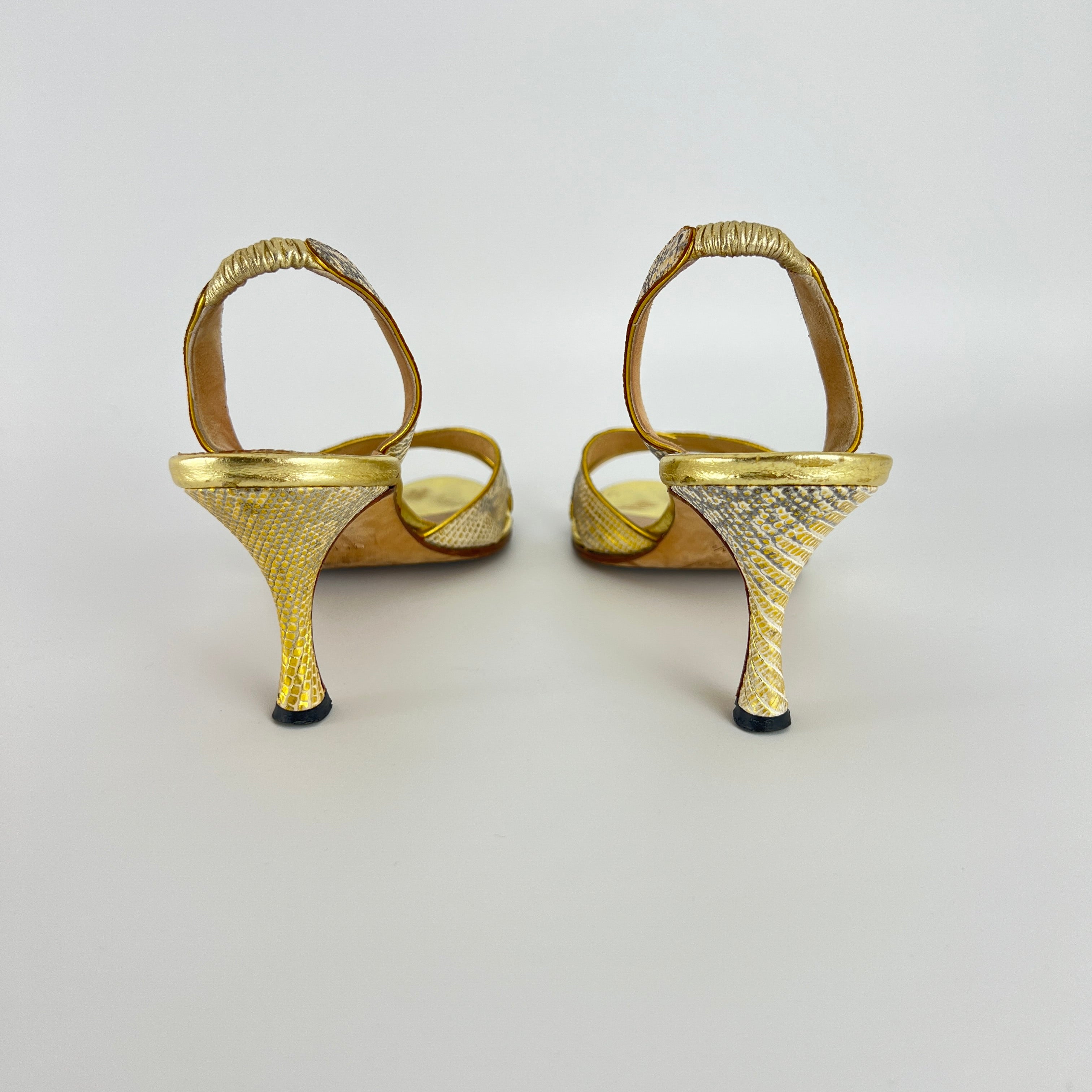 Manolo Blahnik | Lizard Leather Metallic Gold Slingback Sandal Heels (35.5)