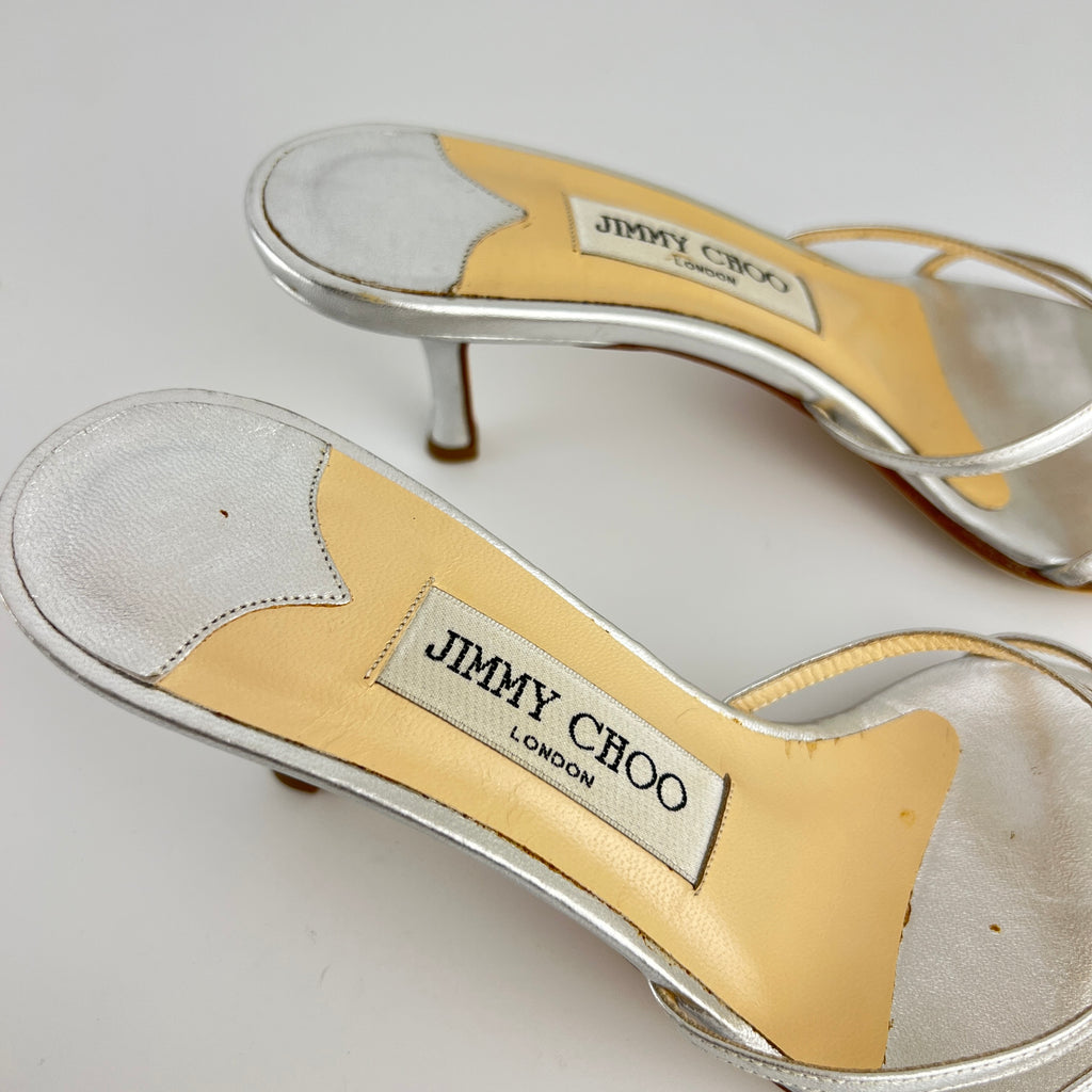 Jimmy Choo | Vintage Nimbus Metallic Silver Thong Strappy Sandal Slide Mules (36)