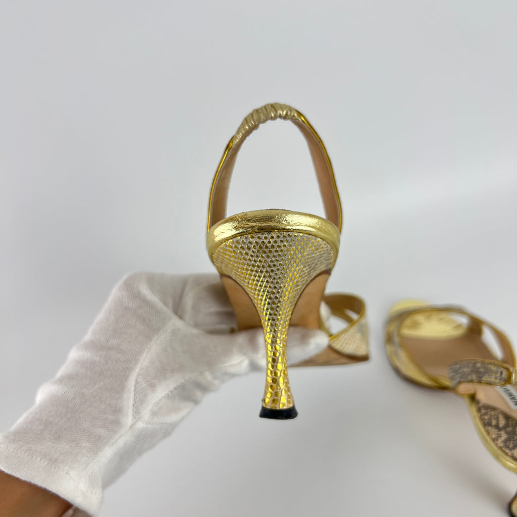 Manolo Blahnik | Lizard Leather Metallic Gold Slingback Sandal Heels (35.5)