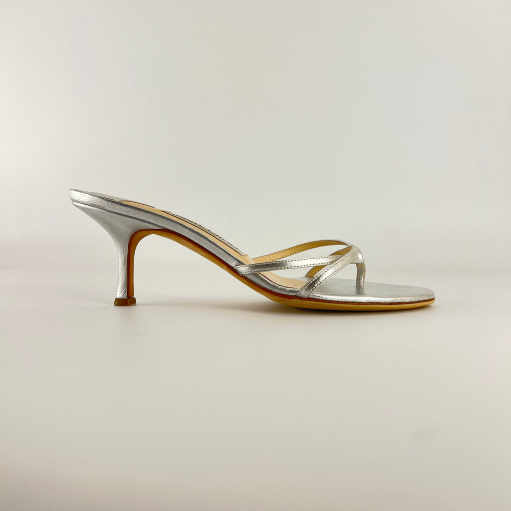 Jimmy Choo | Vintage Nimbus Metallic Silver Thong Strappy Sandal Slide Mules (36)