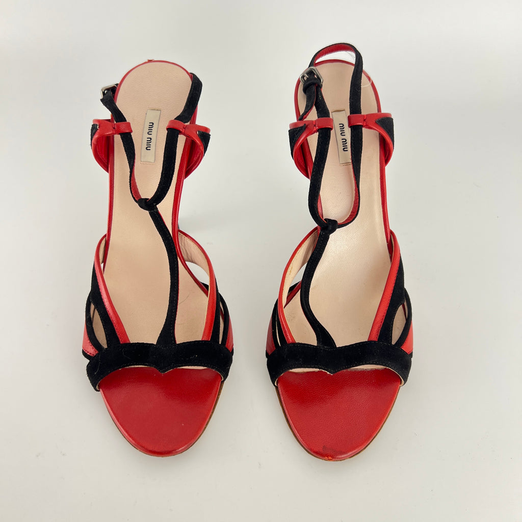 Miu Miu | Liberty Rossi Red Black Jewel Heel Leather T-Strap Sandal Heels (36.5)