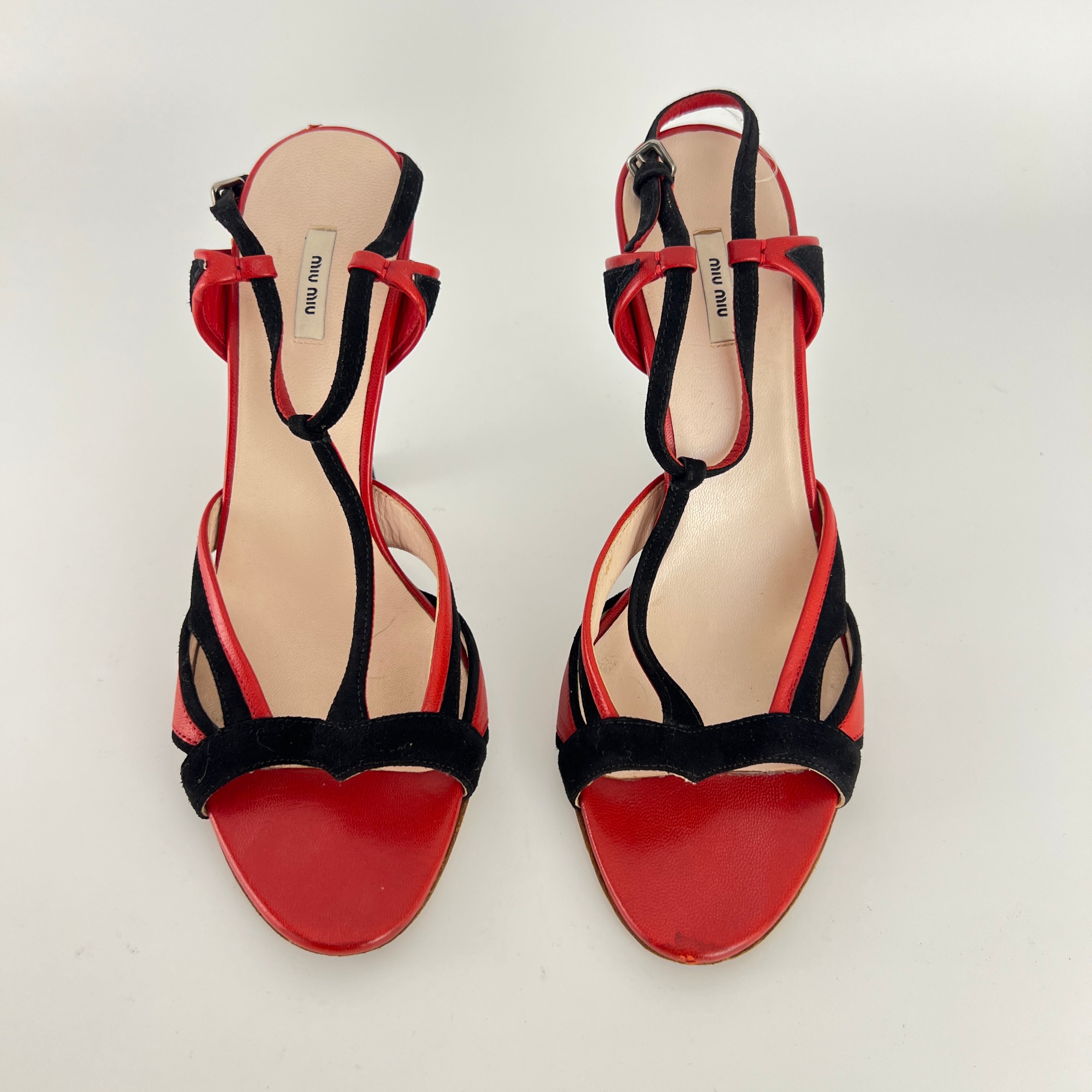 Miu Miu | Liberty Rossi Red Black Jewel Heel Leather T-Strap Sandal Heels (36.5)