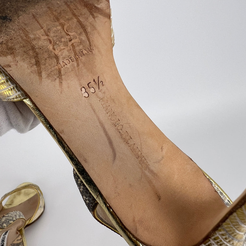 Manolo Blahnik | Lizard Leather Metallic Gold Slingback Sandal Heels (35.5)